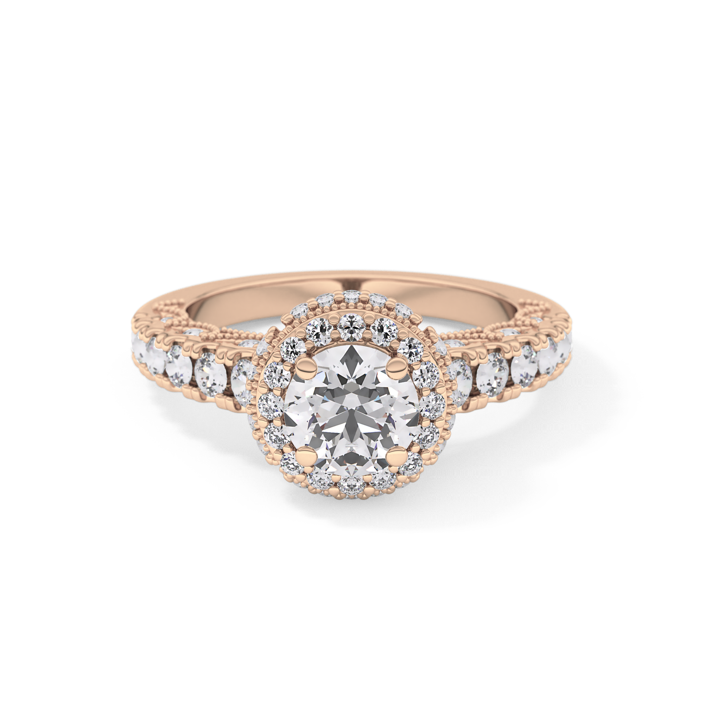 Round Cut 1.05 Carat Moissanite Ring – Halo and Pave Setting in Gold