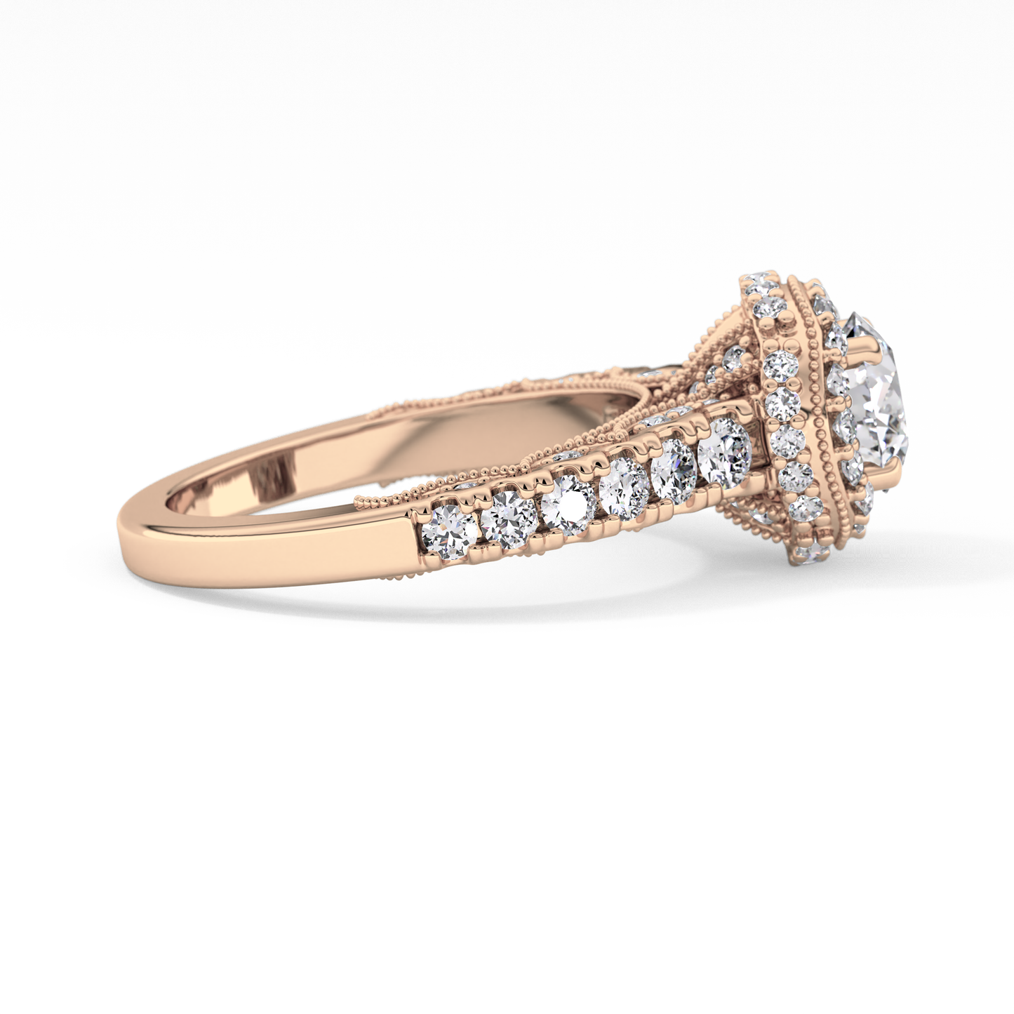 Round Cut 1.05 Carat Moissanite Ring – Halo and Pave Setting in Gold