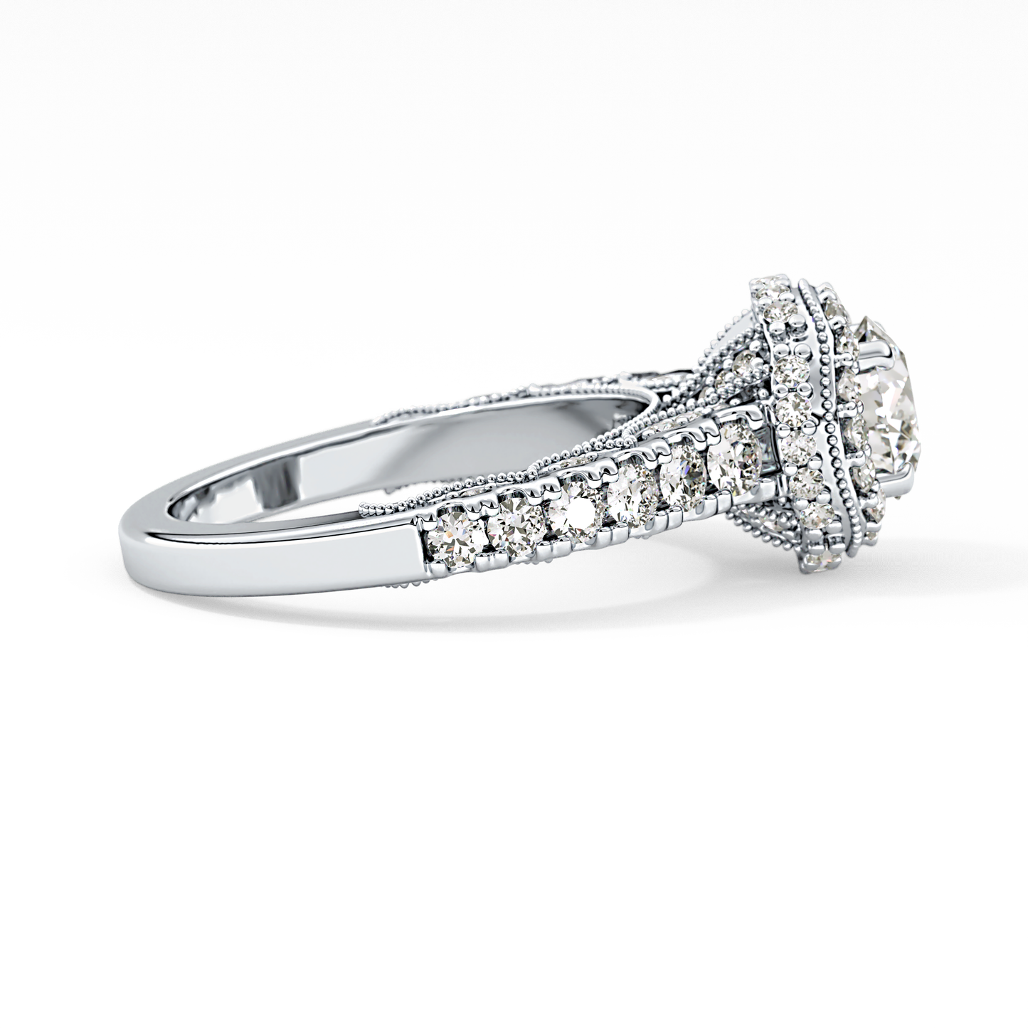 Round Cut 1.05 Carat Moissanite Ring – Halo and Pave Setting in Gold
