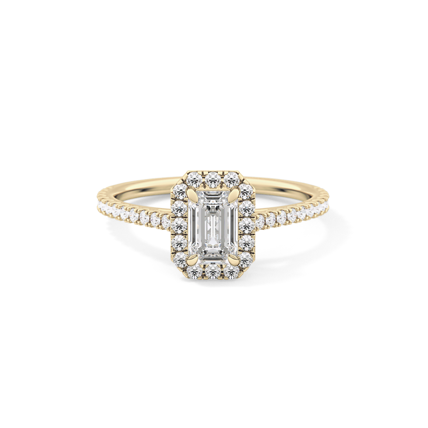 Emerald Cut 0.56 Carat Moissanite Ring – Halo and Pave Setting in Gold
