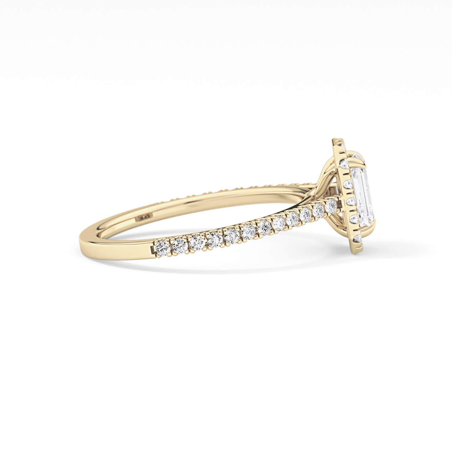 Emerald Cut 0.56 Carat Moissanite Ring – Halo and Pave Setting in Gold