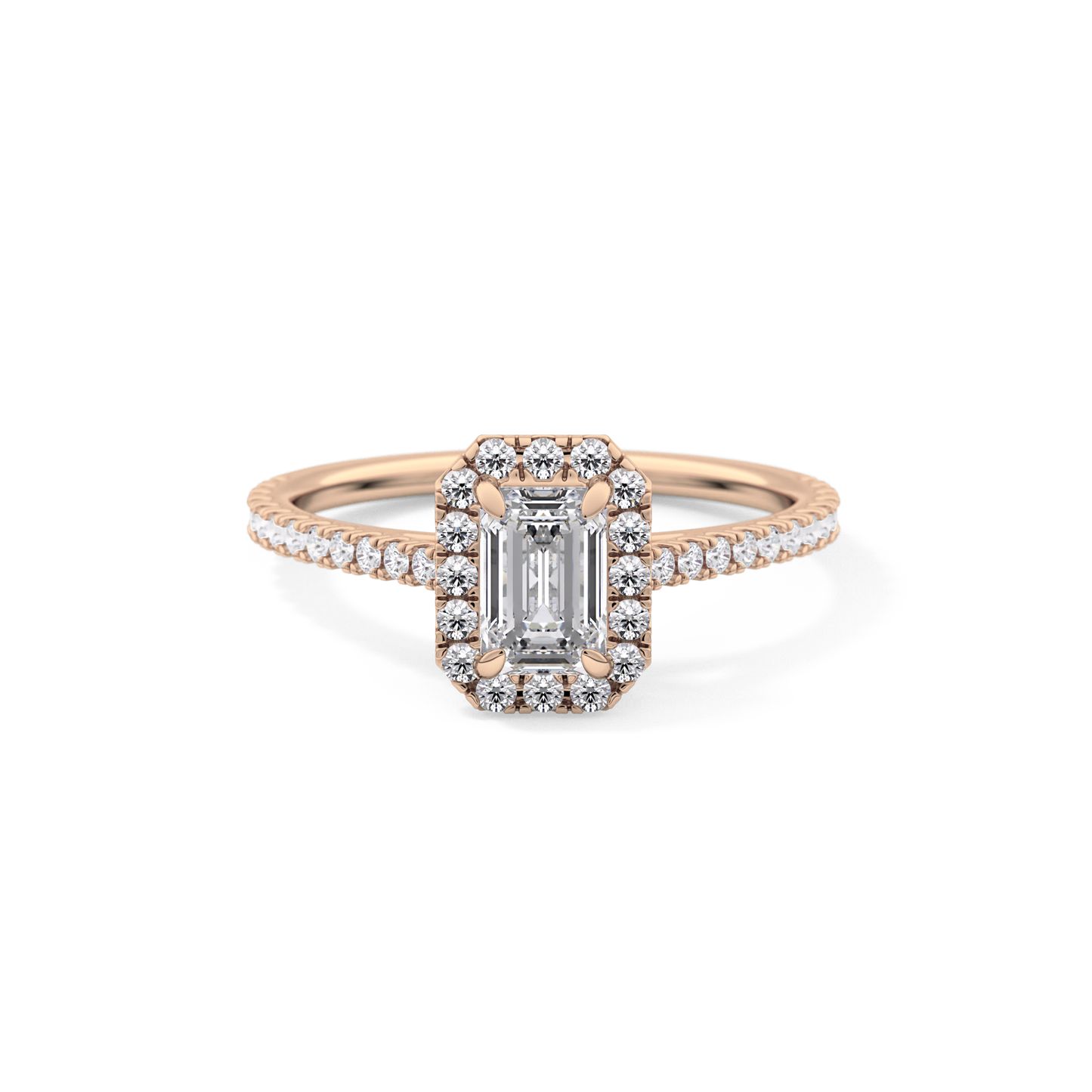 Emerald Cut 0.56 Carat Moissanite Ring – Halo and Pave Setting in Gold