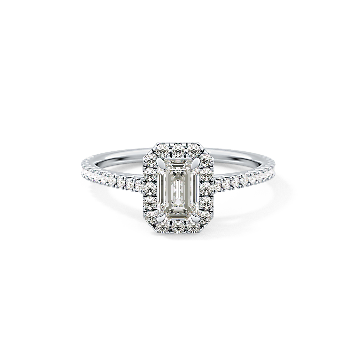 Emerald Cut 0.56 Carat Moissanite Ring – Halo and Pave Setting in Gold