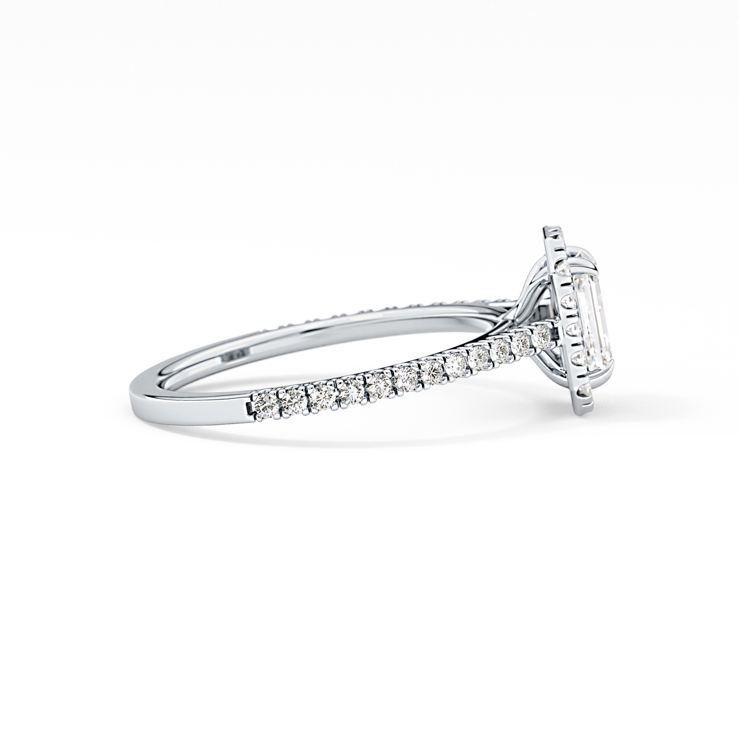 Emerald Cut 0.56 Carat Moissanite Ring – Halo and Pave Setting in Gold