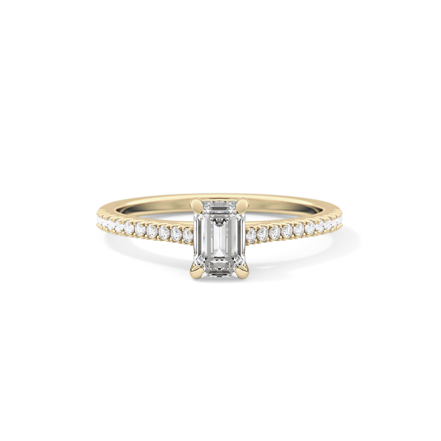 Emerald Cut 0.56 Carat Moissanite Ring – Pave Setting in Gold