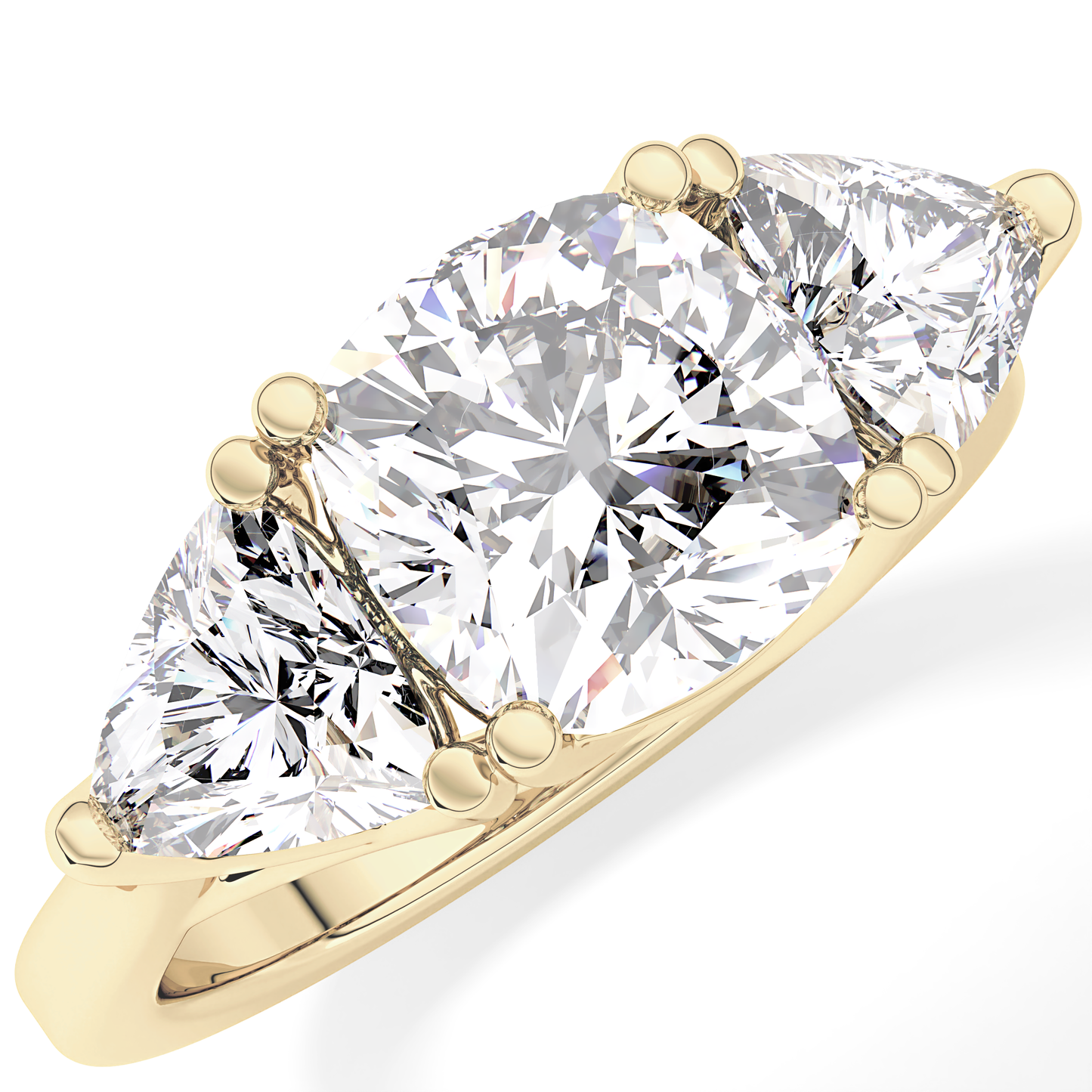 Cushion Cut 2.78 Carat Moissanite Ring – Three Stones Setting in Gold
