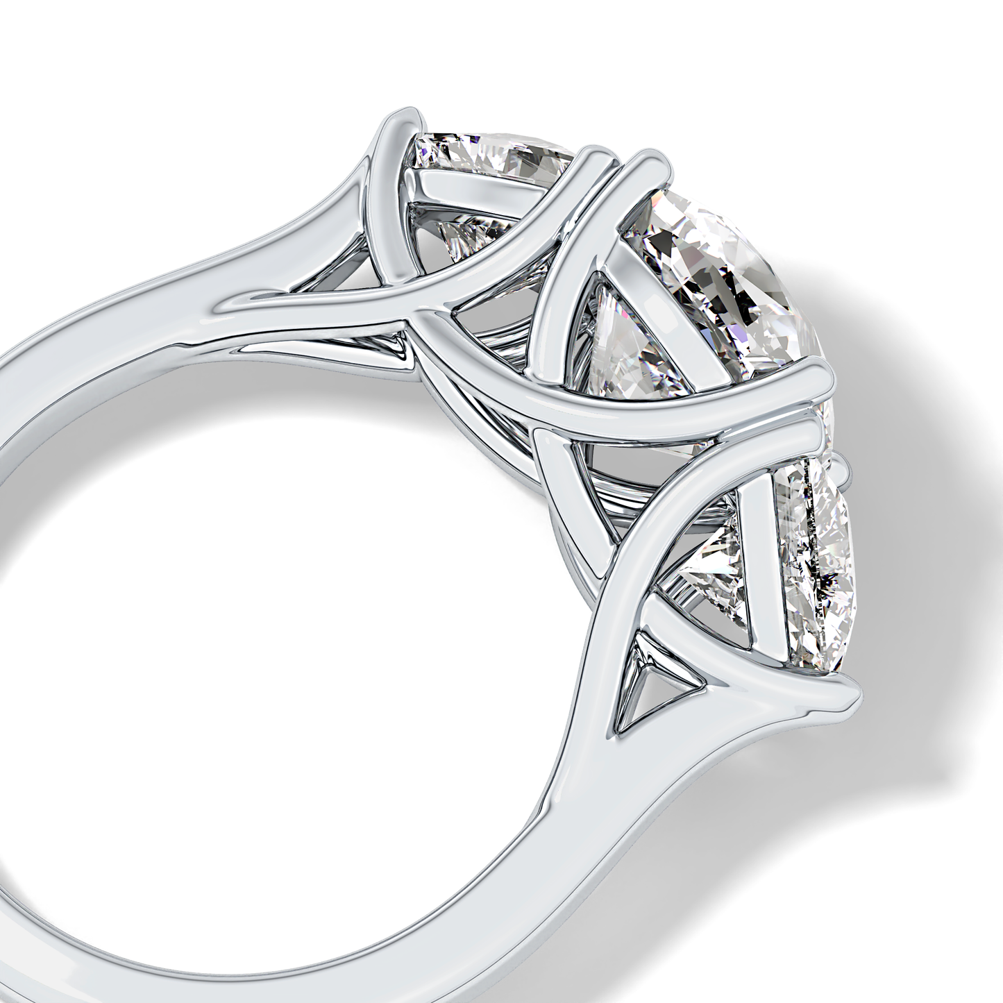 Cushion Cut 2.78 Carat Moissanite Ring – Three Stones Setting in Gold