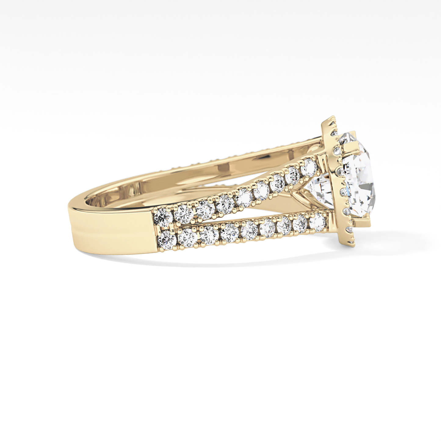 Cushion Cut 3.28 Carat Moissanite Ring – Split Shank & Halo Setting in Gold