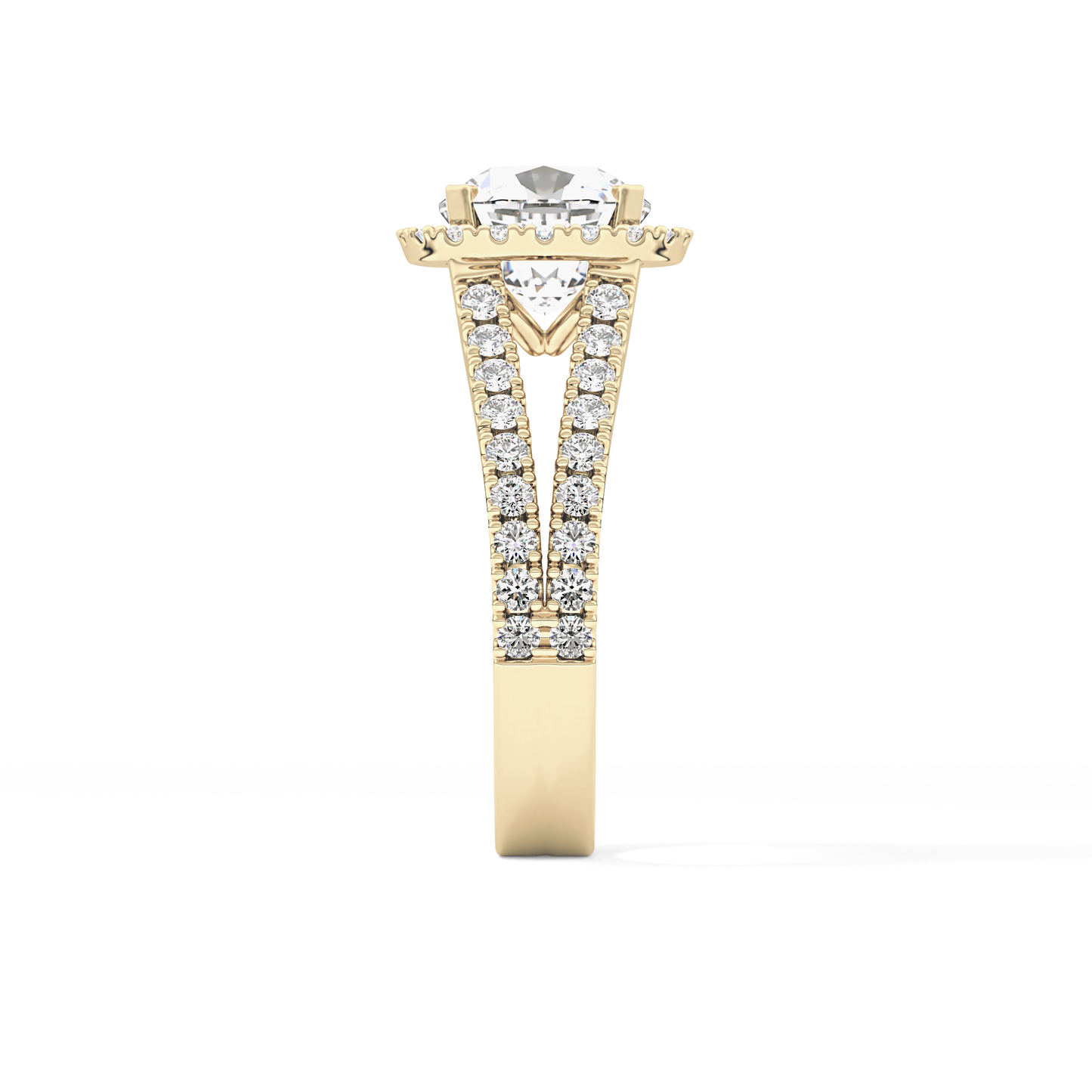 Cushion Cut 3.28 Carat Moissanite Ring – Split Shank & Halo Setting in Gold