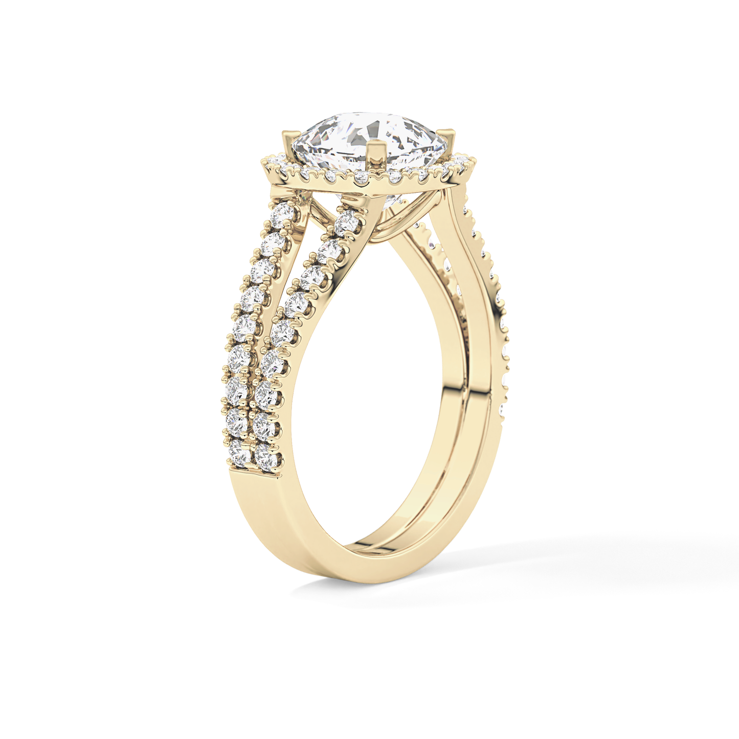 Cushion Cut 3.28 Carat Moissanite Ring – Split Shank & Halo Setting in Gold