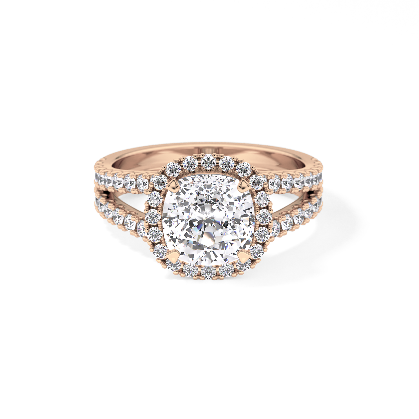Cushion Cut 3.28 Carat Moissanite Ring – Split Shank & Halo Setting in Gold