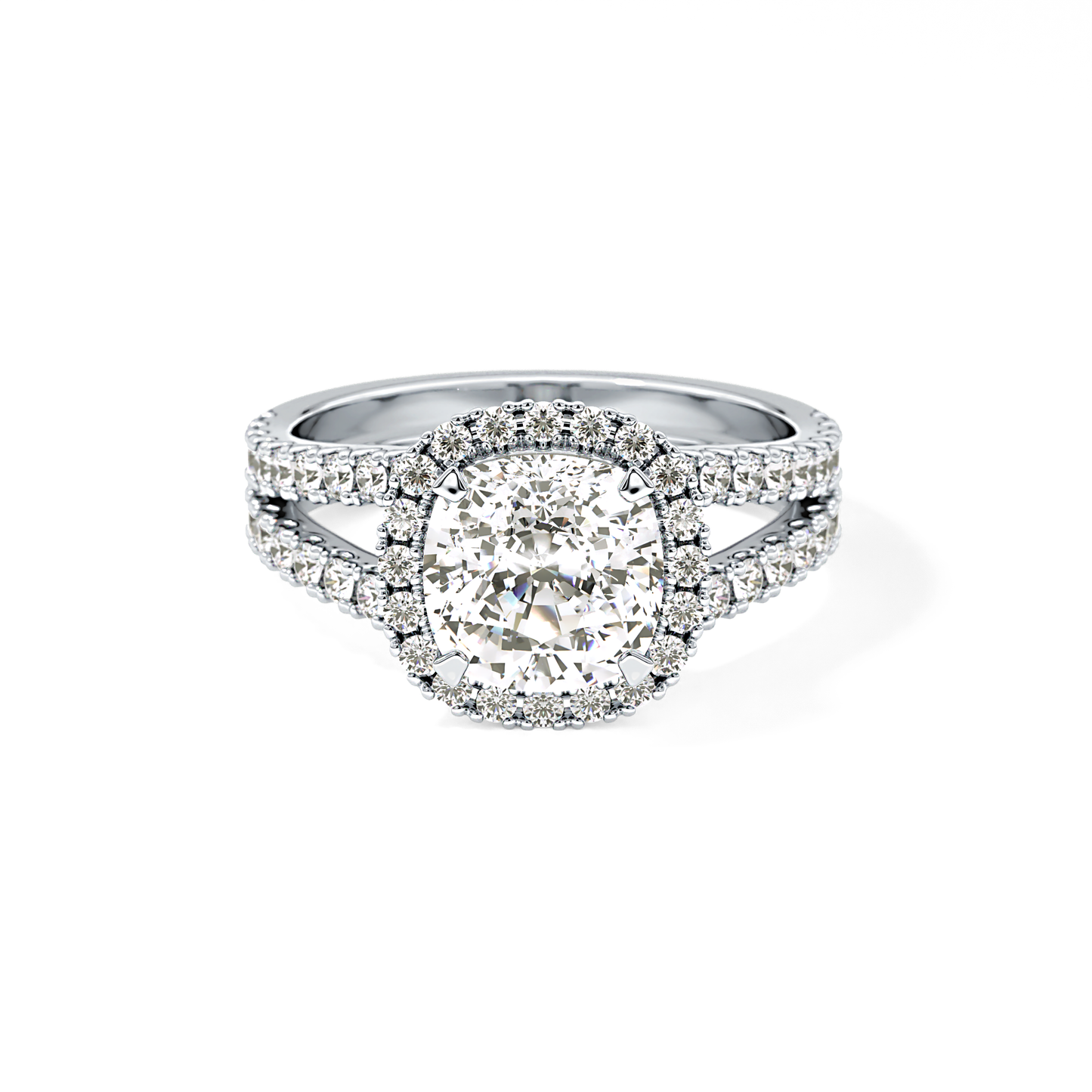 Cushion Cut 3.28 Carat Moissanite Ring – Split Shank & Halo Setting in Gold