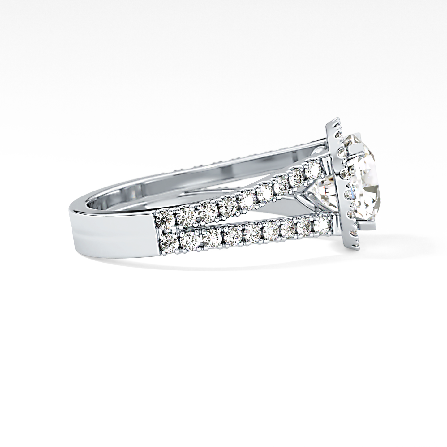 Cushion Cut 3.28 Carat Moissanite Ring – Split Shank & Halo Setting in Gold