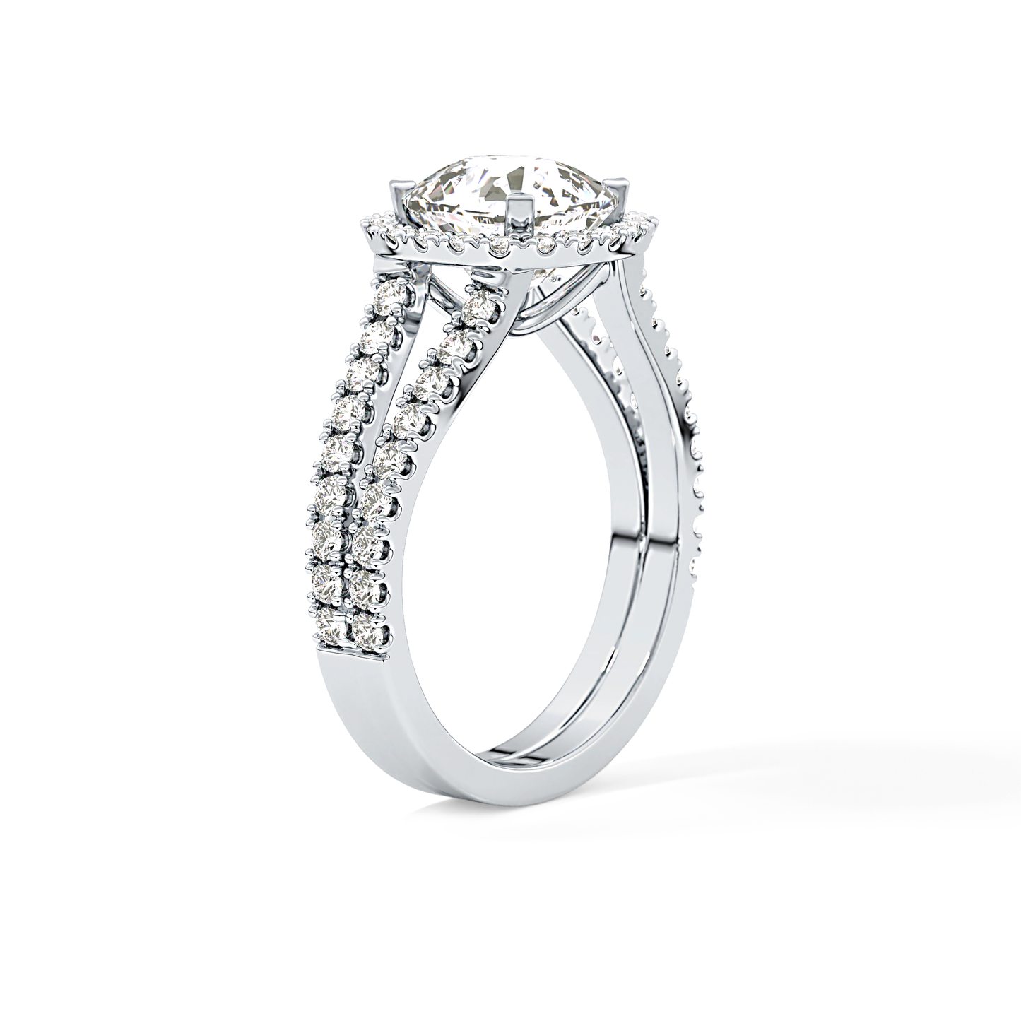 Cushion Cut 3.28 Carat Moissanite Ring – Split Shank & Halo Setting in Gold