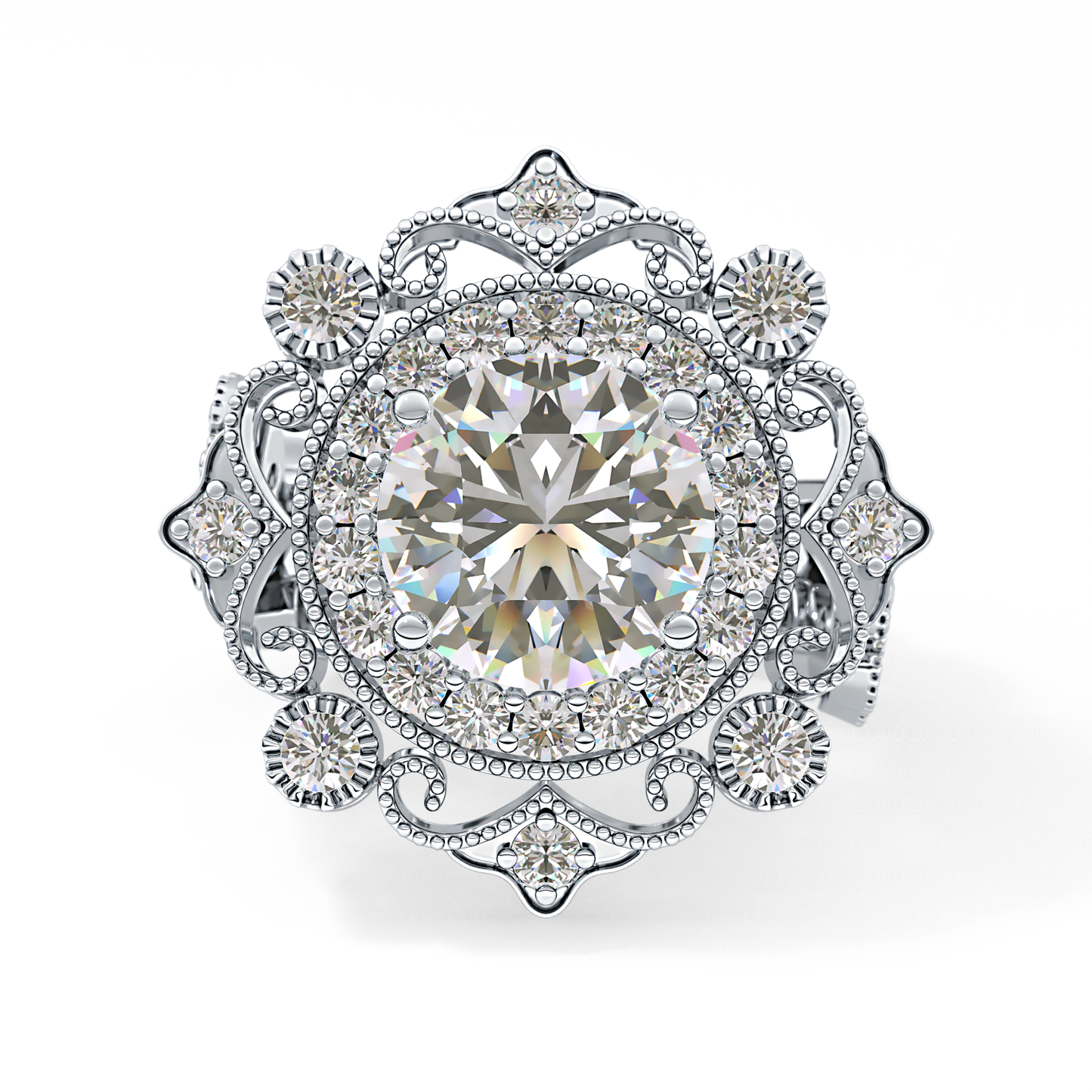 Round Cut 4.14 Carat Moissanite Ring – Vintage Cluster Setting in Gold