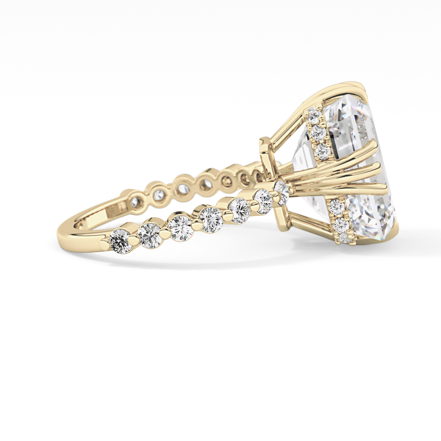 Emerald Cut 7.74 Carat Moissanite Ring – Hidden Halo & Pave Setting in Gold