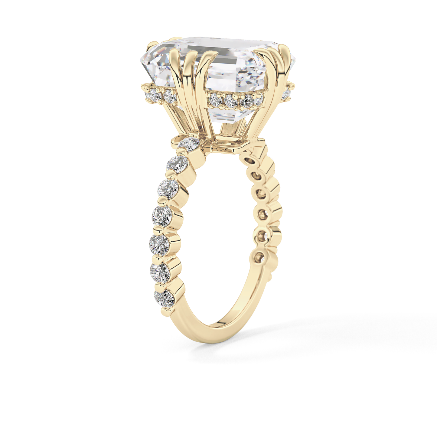 Emerald Cut 7.74 Carat Moissanite Ring – Hidden Halo & Pave Setting in Gold
