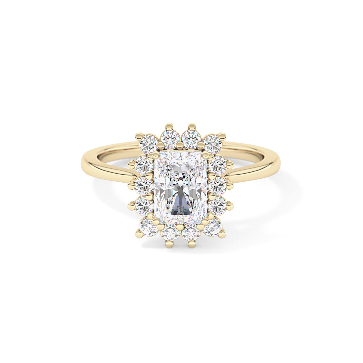 Radiant Cut 1.21 Carat Moissanite Ring – Halo Setting in Gold