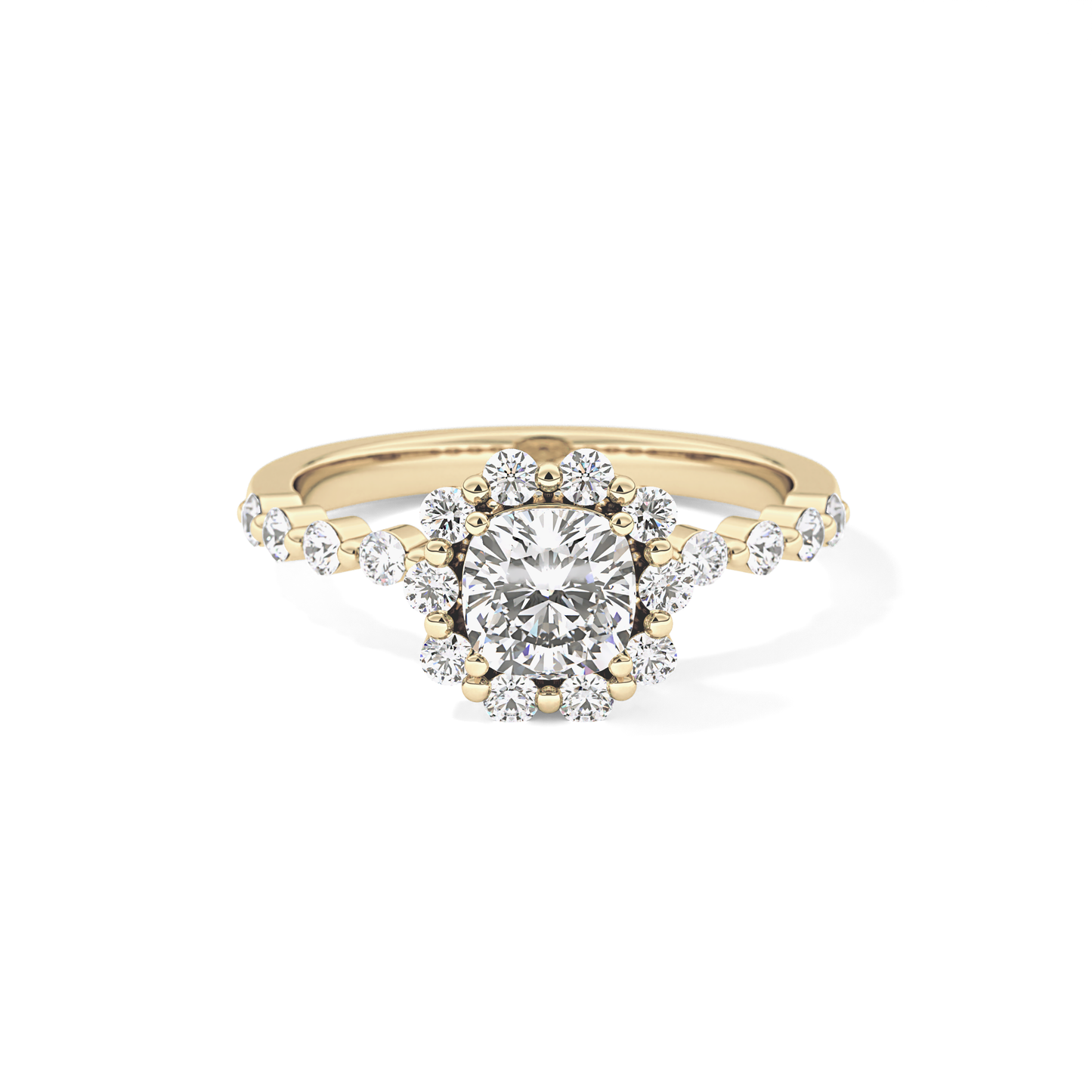 Cushion Cut 0.86 Carat Moissanite Ring – Halo and Pave Setting in Gold