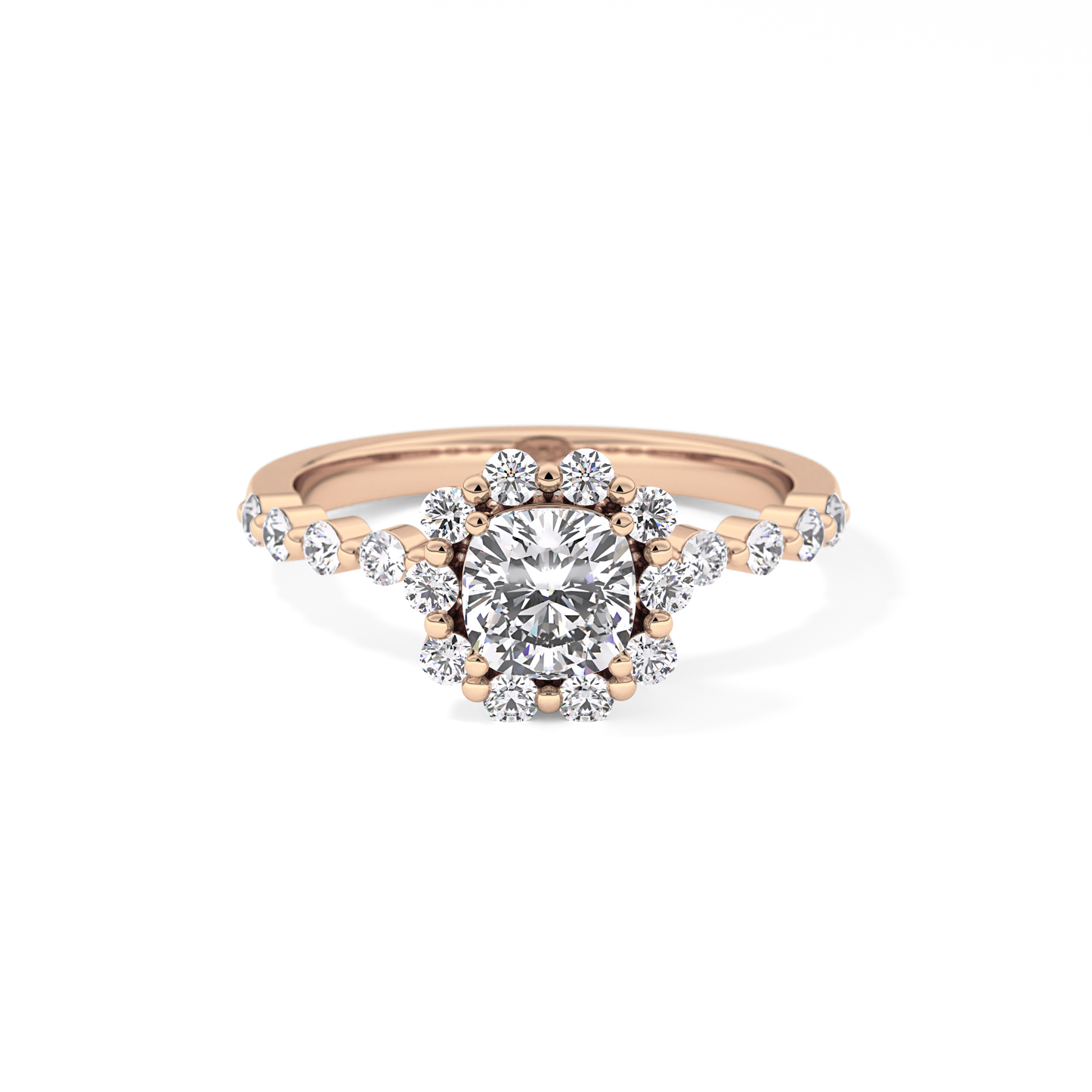 Cushion Cut 0.86 Carat Moissanite Ring – Halo and Pave Setting in Gold