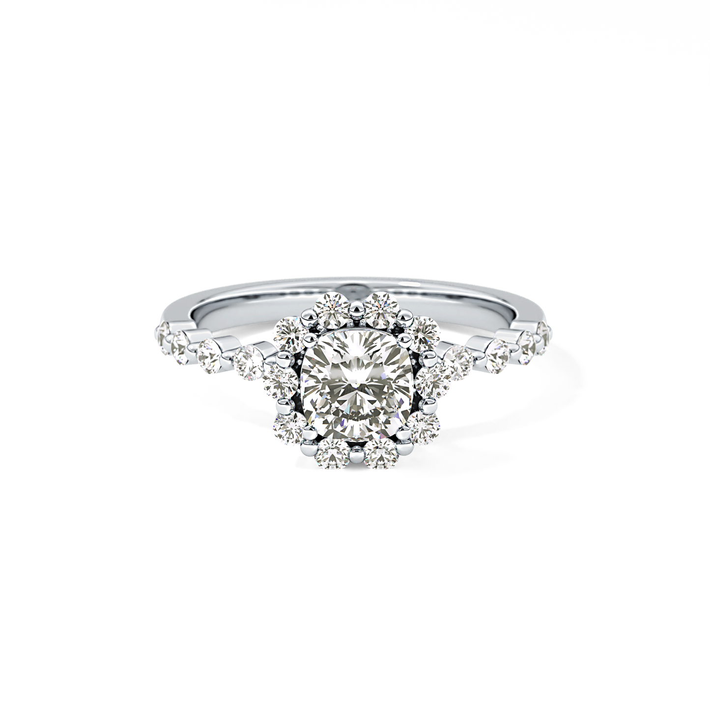 Cushion Cut 0.86 Carat Moissanite Ring – Halo and Pave Setting in Gold