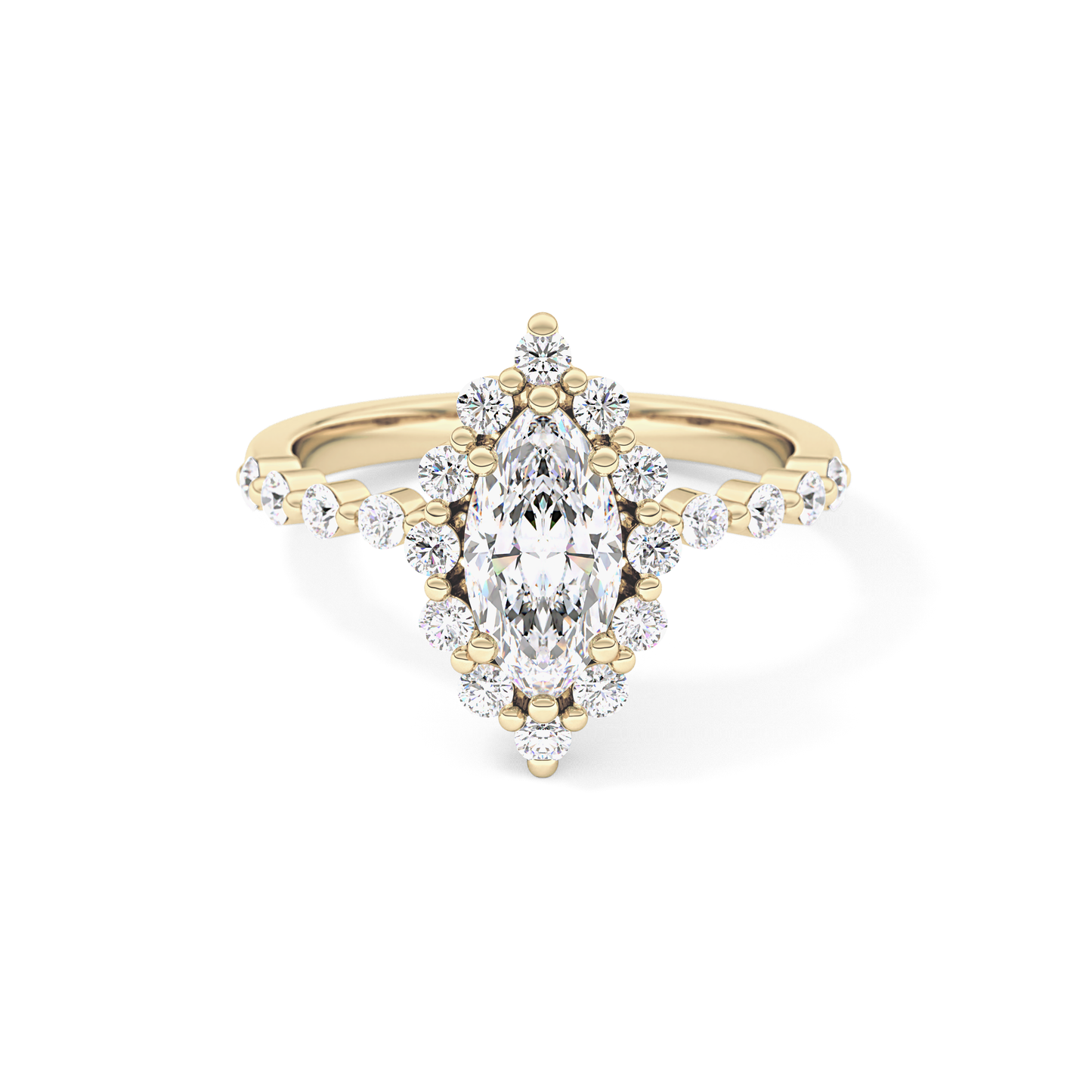 Marquise Cut 0.82 Carat Moissanite Ring – Halo and Pave Setting in Gold