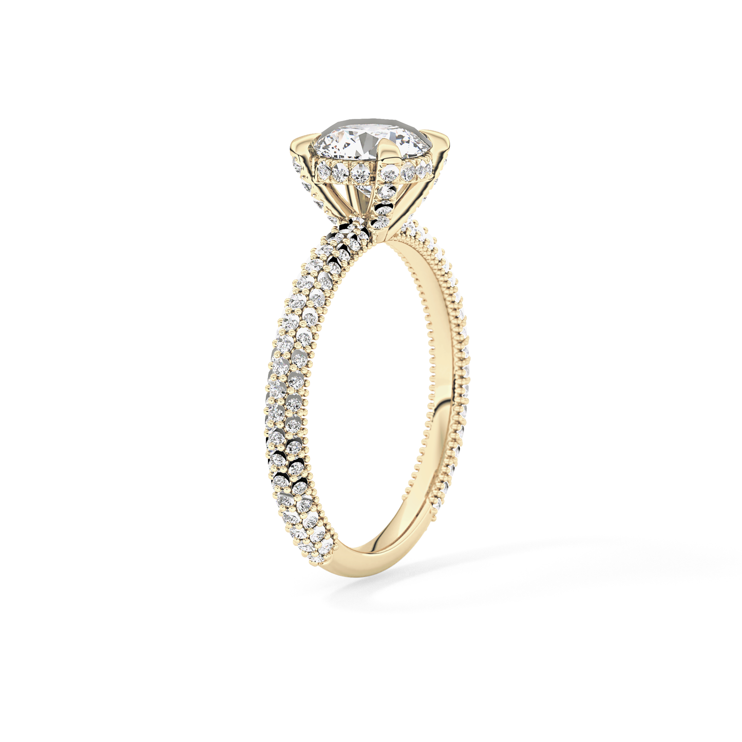 Round Cut 1.03 Carat Moissanite Ring – Halo and Pave Setting in Gold