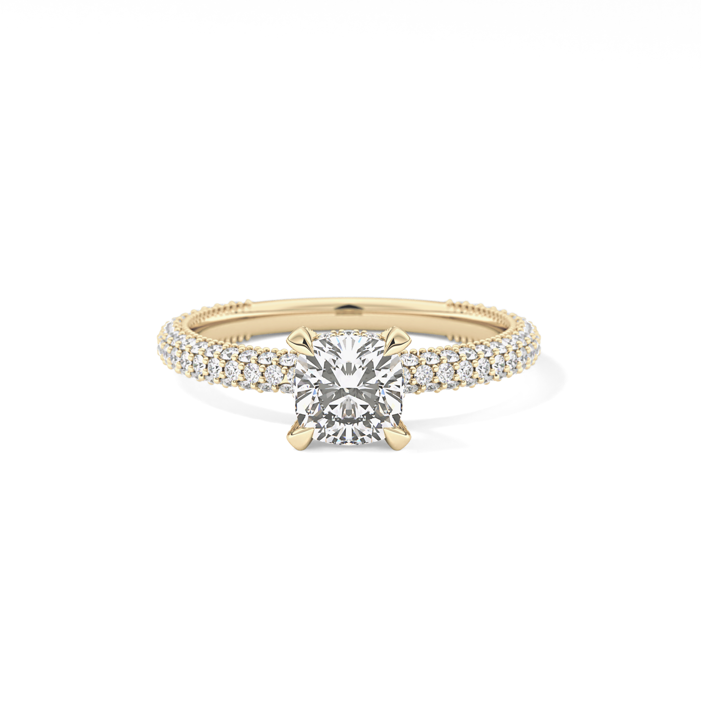 Cushion Cut 0.86 Carat Moissanite Ring – Hidden Halo and Pave Setting in Gold