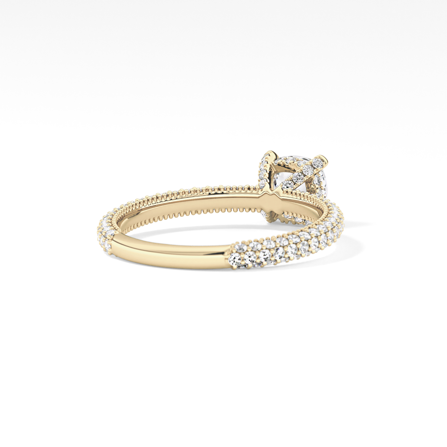 Cushion Cut 0.86 Carat Moissanite Ring – Hidden Halo and Pave Setting in Gold