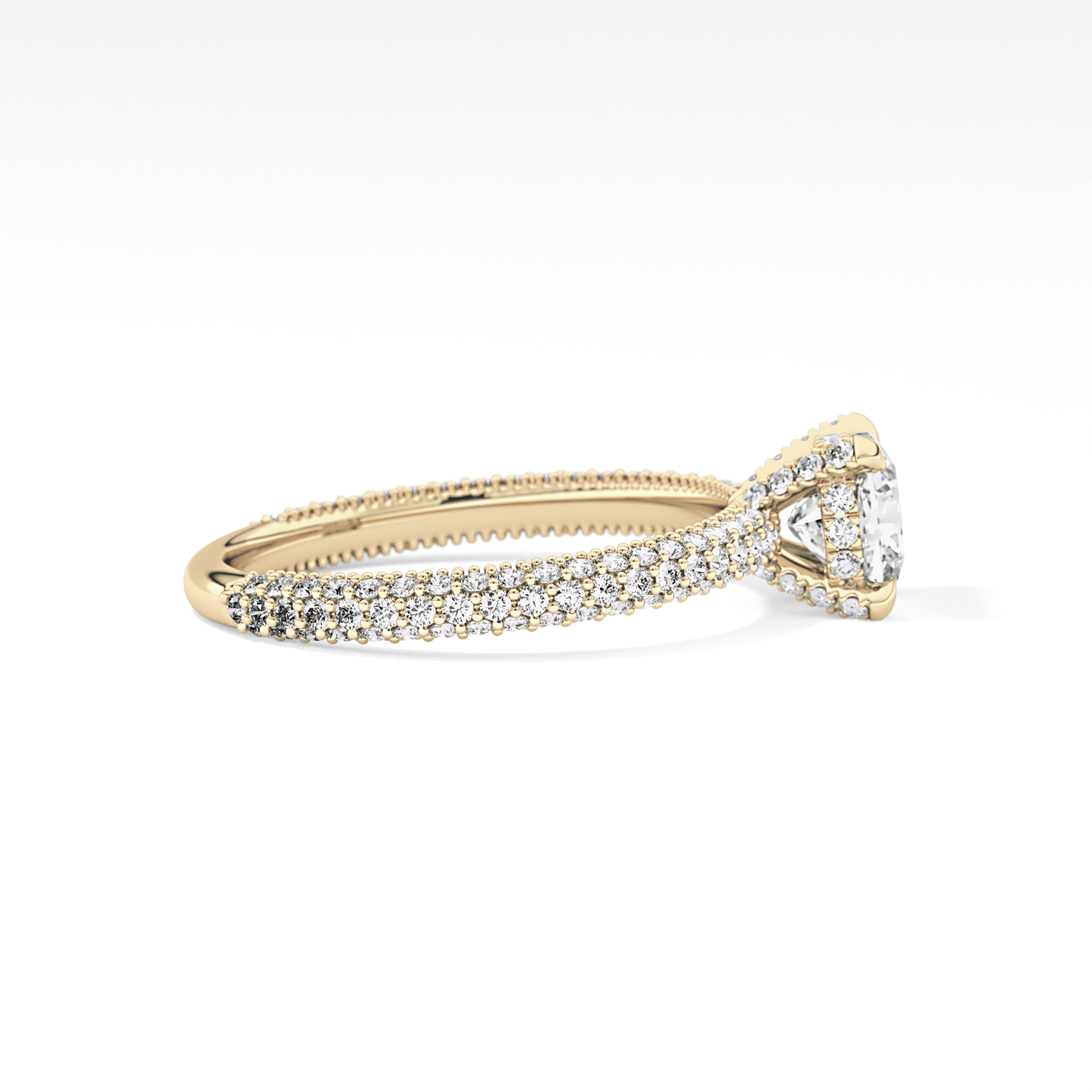 Cushion Cut 0.86 Carat Moissanite Ring – Hidden Halo and Pave Setting in Gold