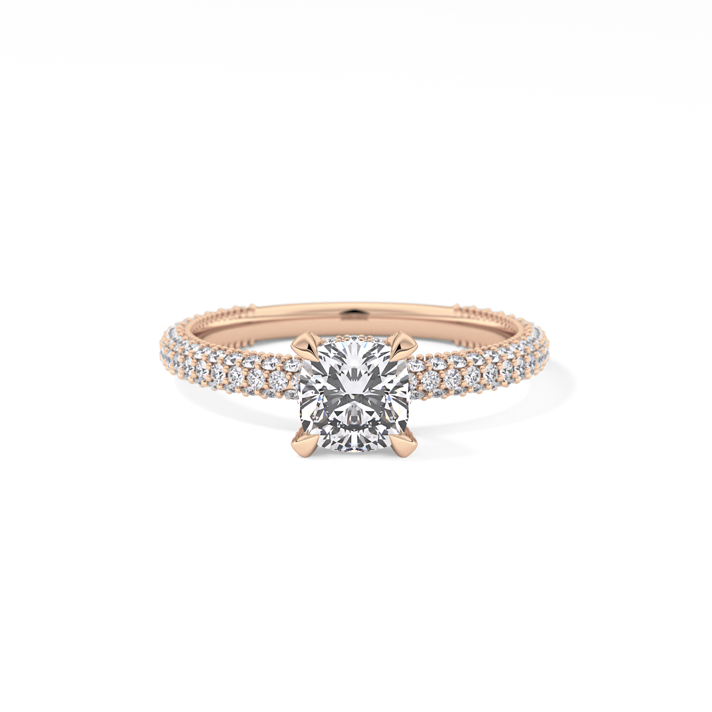 Cushion Cut 0.86 Carat Moissanite Ring – Hidden Halo and Pave Setting in Gold