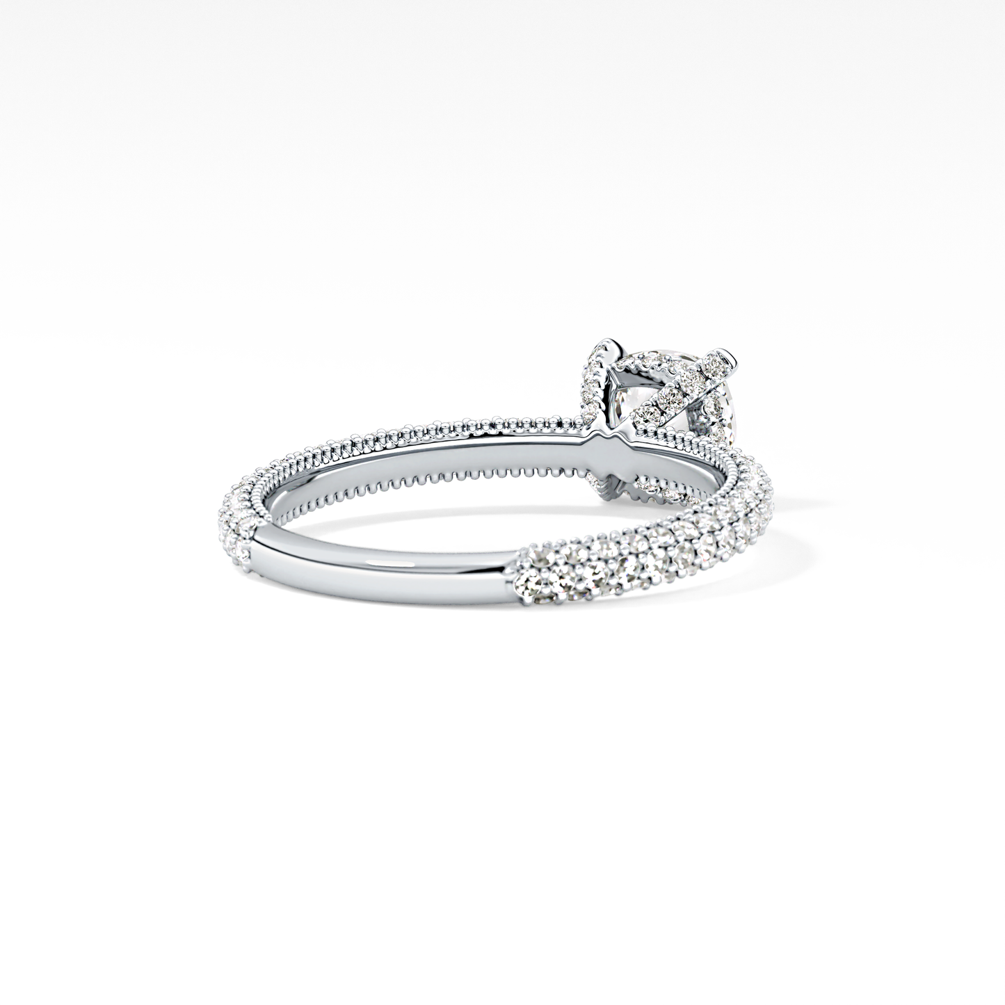 Cushion Cut 0.86 Carat Moissanite Ring – Hidden Halo and Pave Setting in Gold