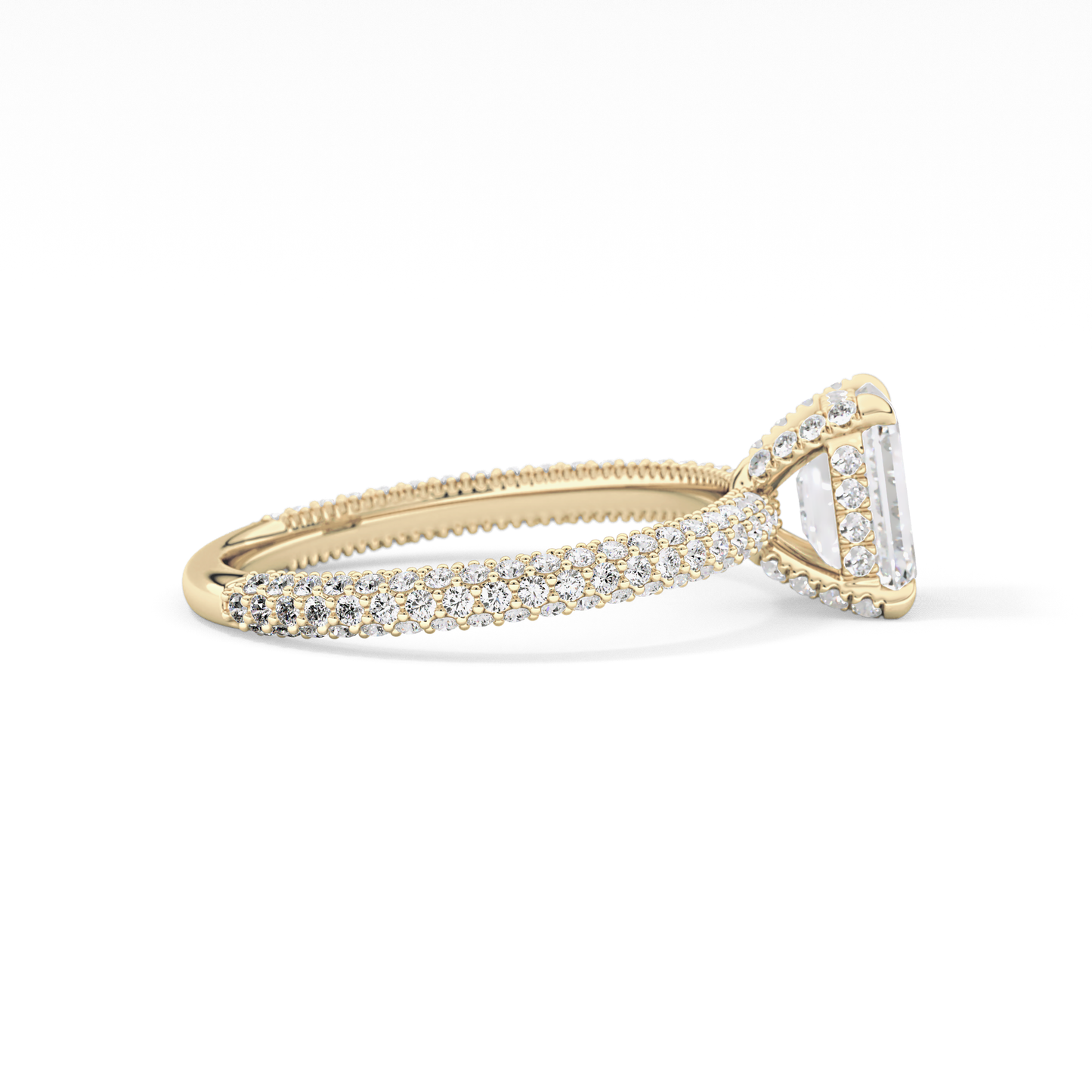 Emerald Cut 1.12 Carat Moissanite Ring – Hidden Halo and Pave Setting in Gold