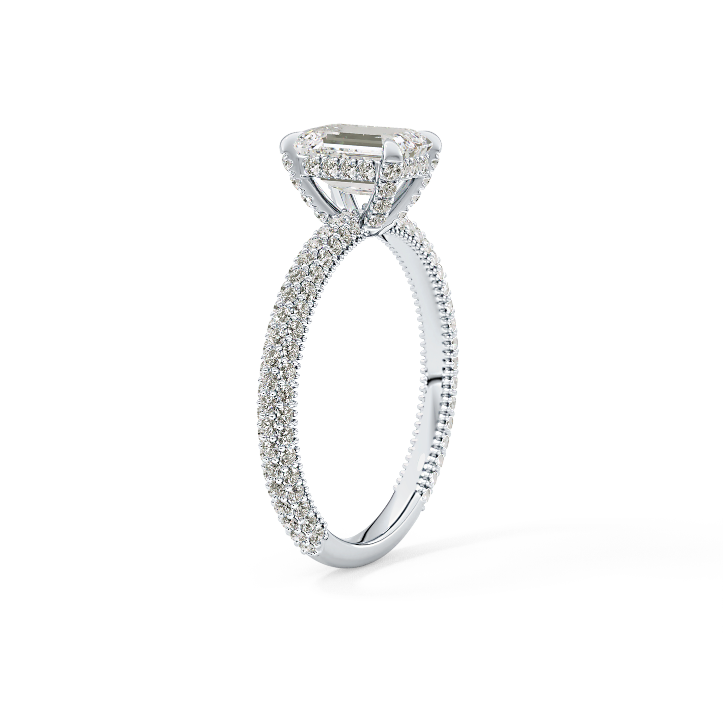 Emerald Cut 1.12 Carat Moissanite Ring – Hidden Halo and Pave Setting in Gold