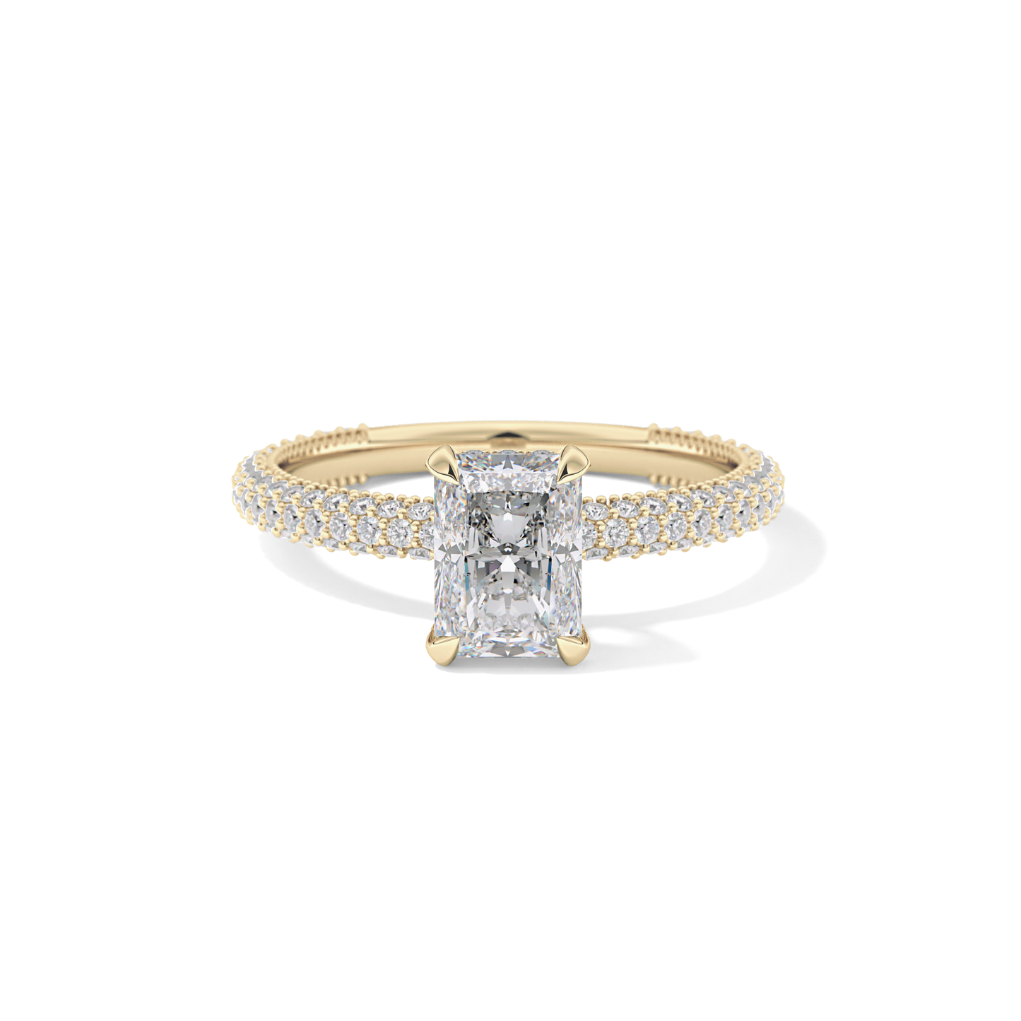 Radiant Cut 1.33 Carat Moissanite Ring – Hidden Halo and Pave Setting in Gold