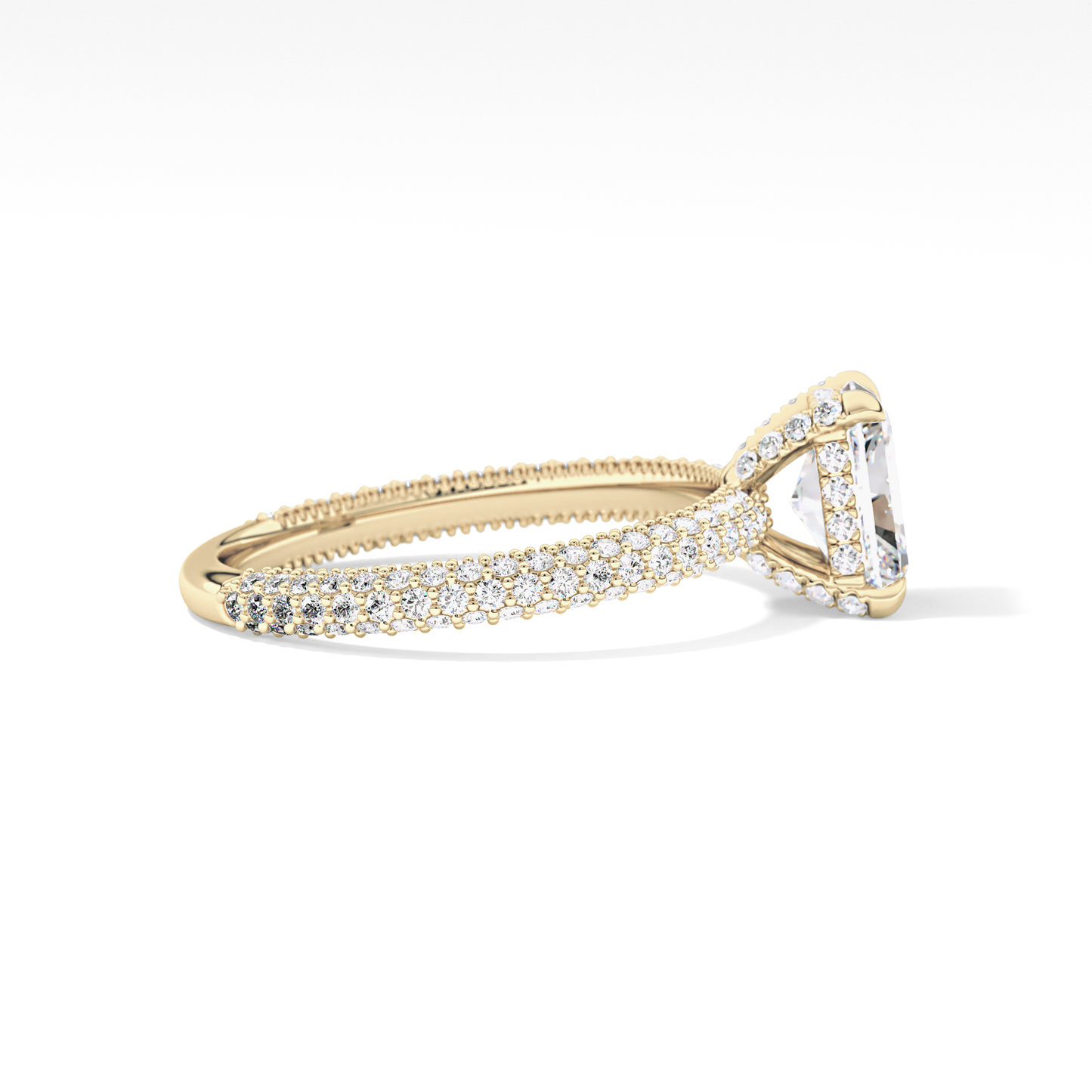 Radiant Cut 1.33 Carat Moissanite Ring – Hidden Halo and Pave Setting in Gold