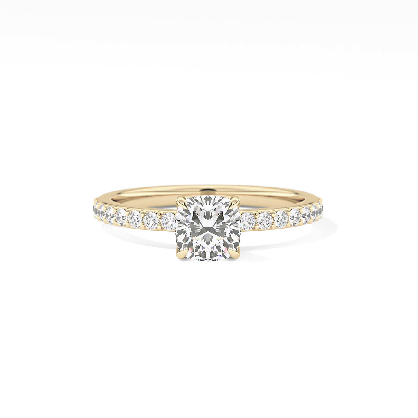 Cushion Cut 0.86 Carat Moissanite Ring – Pave Setting in Gold