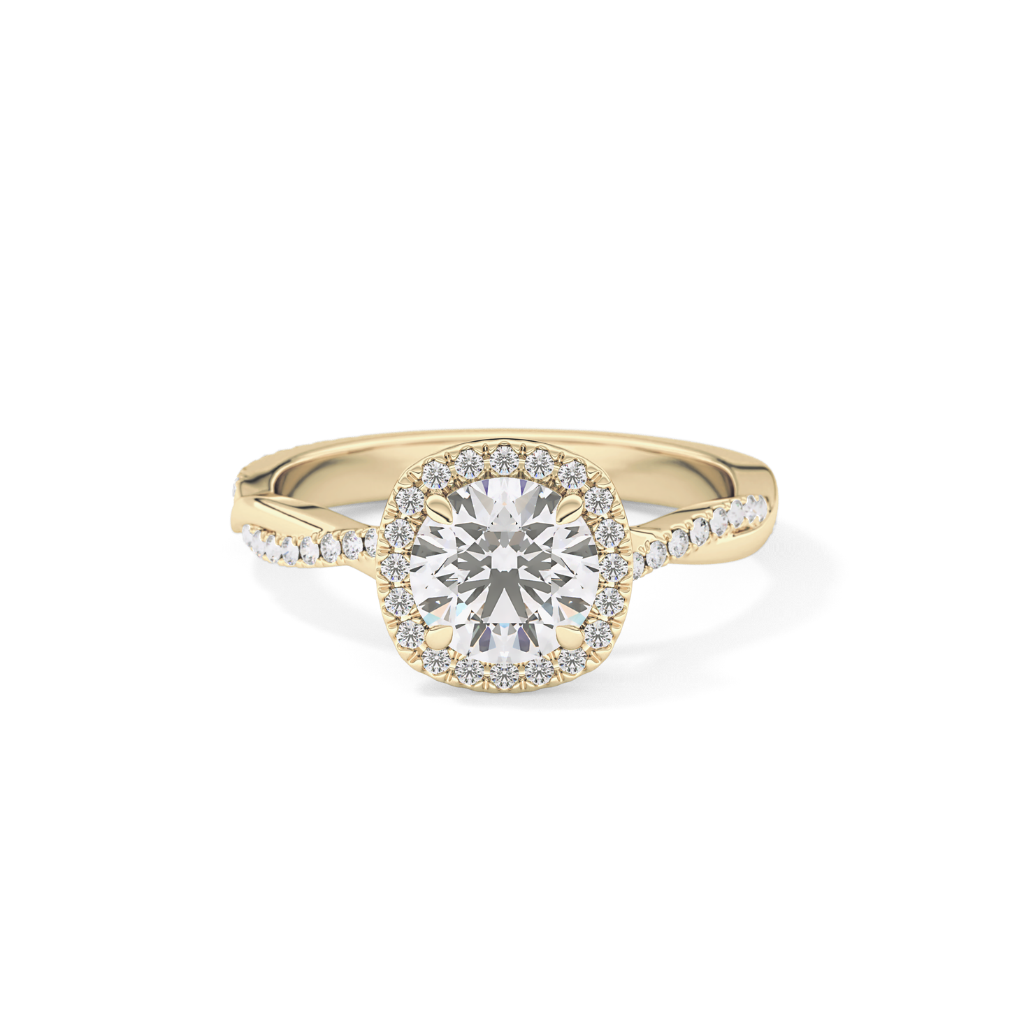 Round Cut 1.03 Carat Moissanite Ring – Twisted Shank, Halo and Pave Setting in Gold