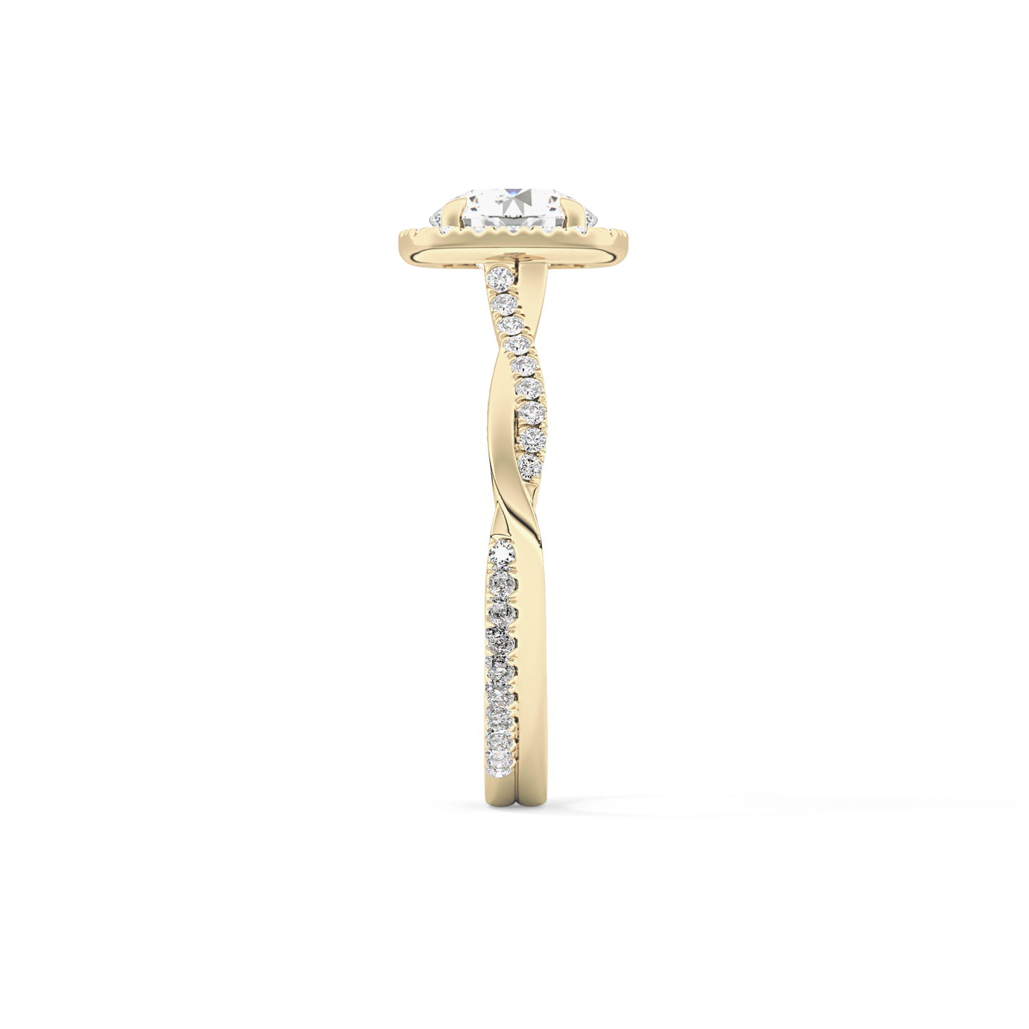 Round Cut 1.03 Carat Moissanite Ring – Twisted Shank, Halo and Pave Setting in Gold