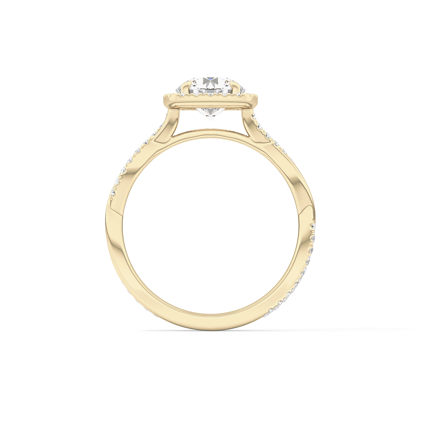 Round Cut 1.03 Carat Moissanite Ring – Twisted Shank, Halo and Pave Setting in Gold