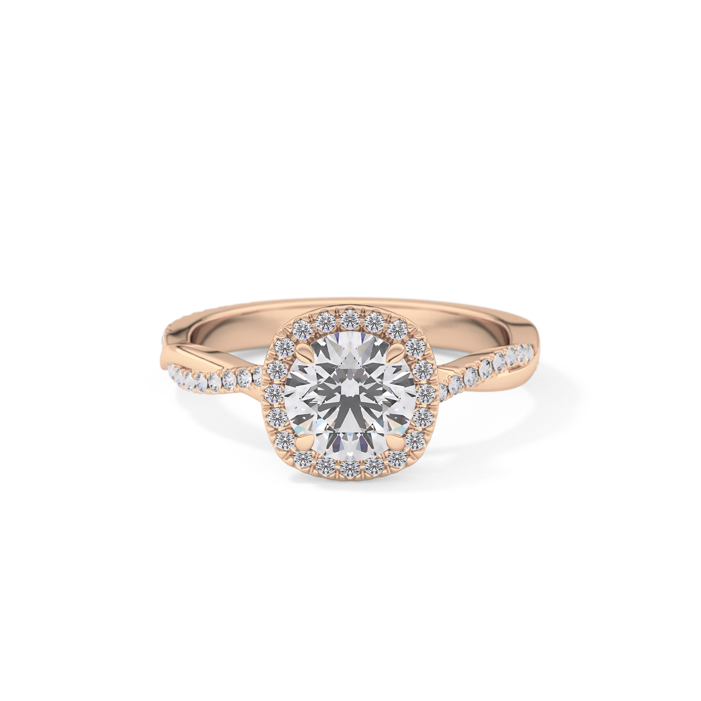 Round Cut 1.03 Carat Moissanite Ring – Twisted Shank, Halo and Pave Setting in Gold