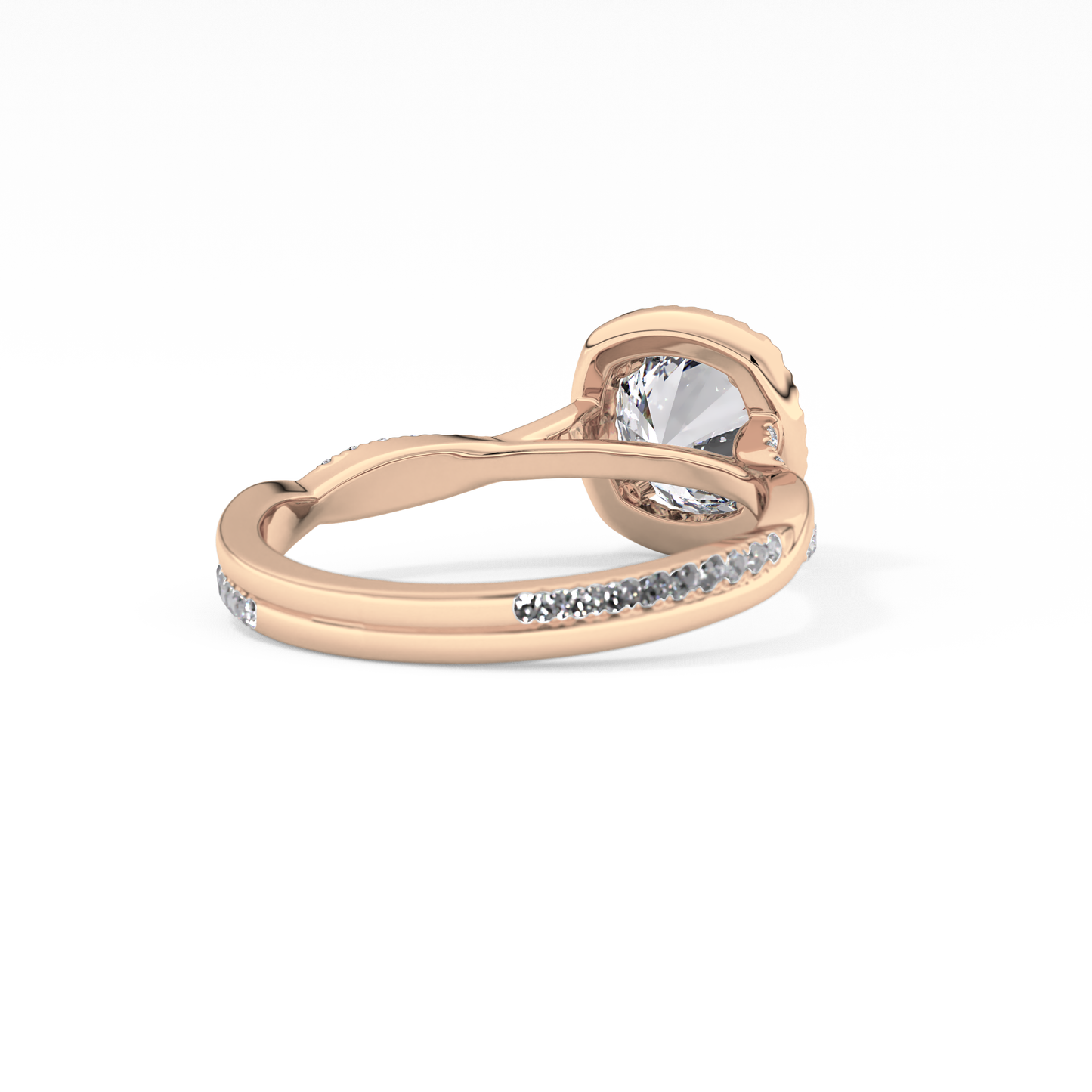 Round Cut 1.03 Carat Moissanite Ring – Twisted Shank, Halo and Pave Setting in Gold