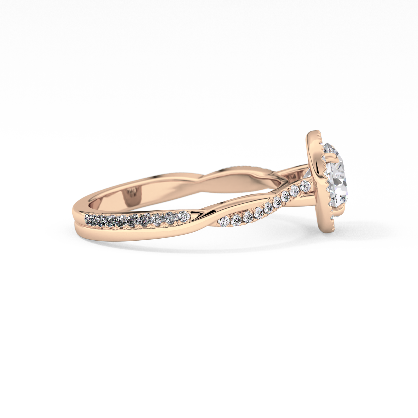 Round Cut 1.03 Carat Moissanite Ring – Twisted Shank, Halo and Pave Setting in Gold