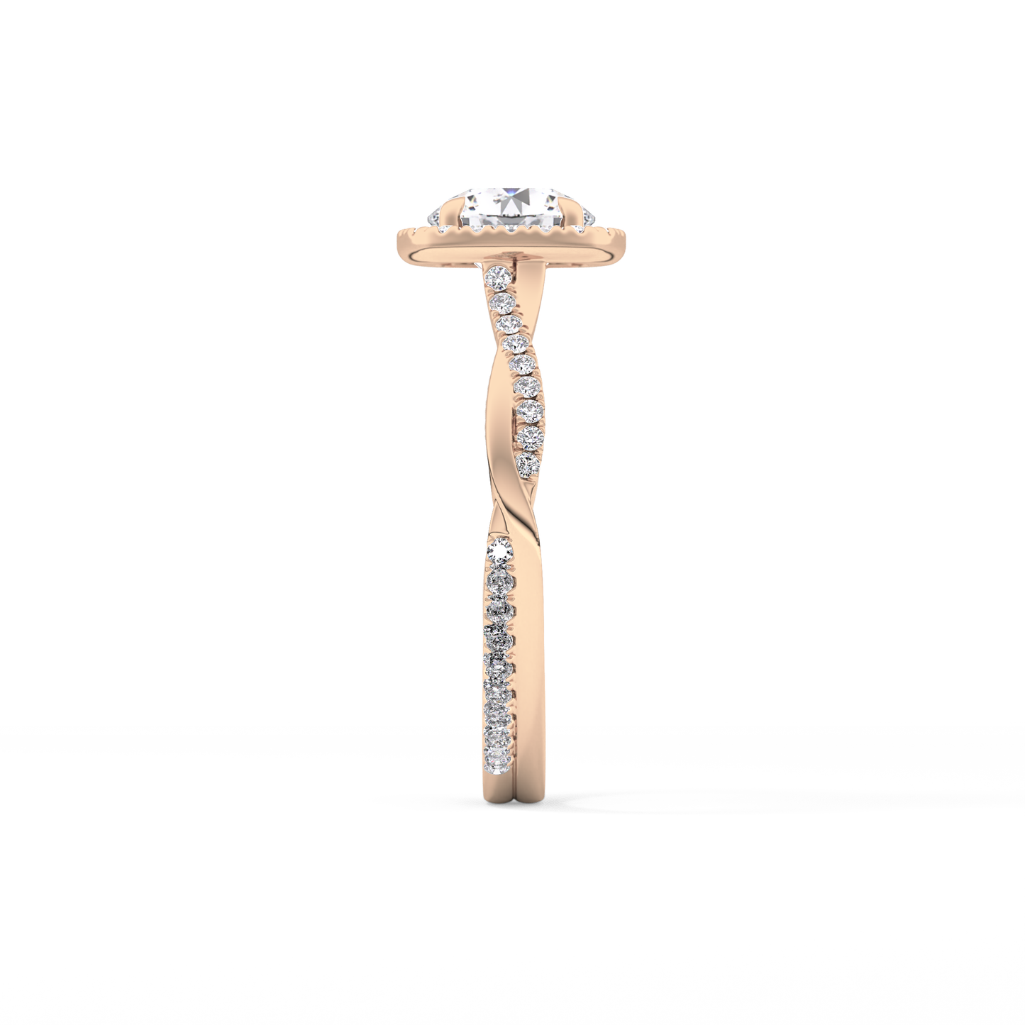 Round Cut 1.03 Carat Moissanite Ring – Twisted Shank, Halo and Pave Setting in Gold
