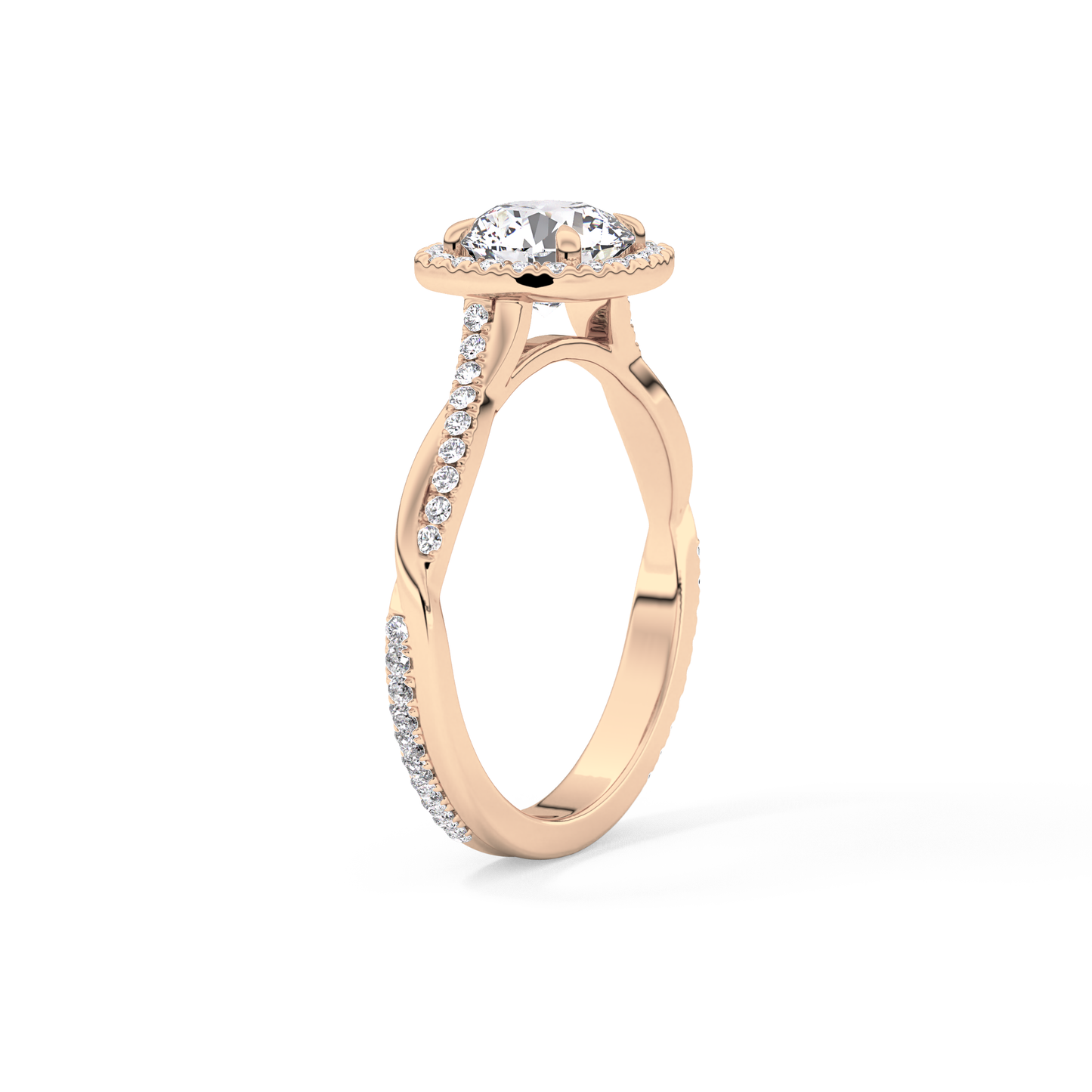 Round Cut 1.03 Carat Moissanite Ring – Twisted Shank, Halo and Pave Setting in Gold