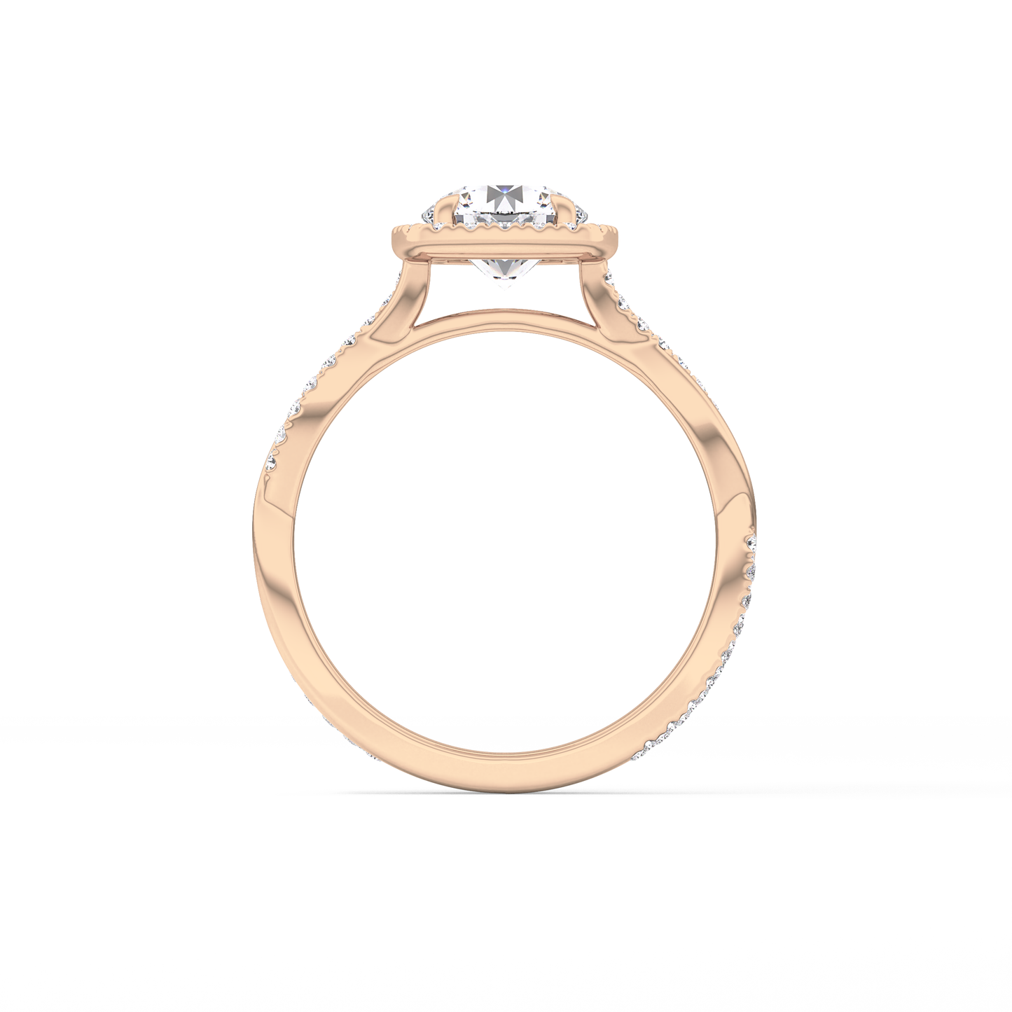Round Cut 1.03 Carat Moissanite Ring – Twisted Shank, Halo and Pave Setting in Gold