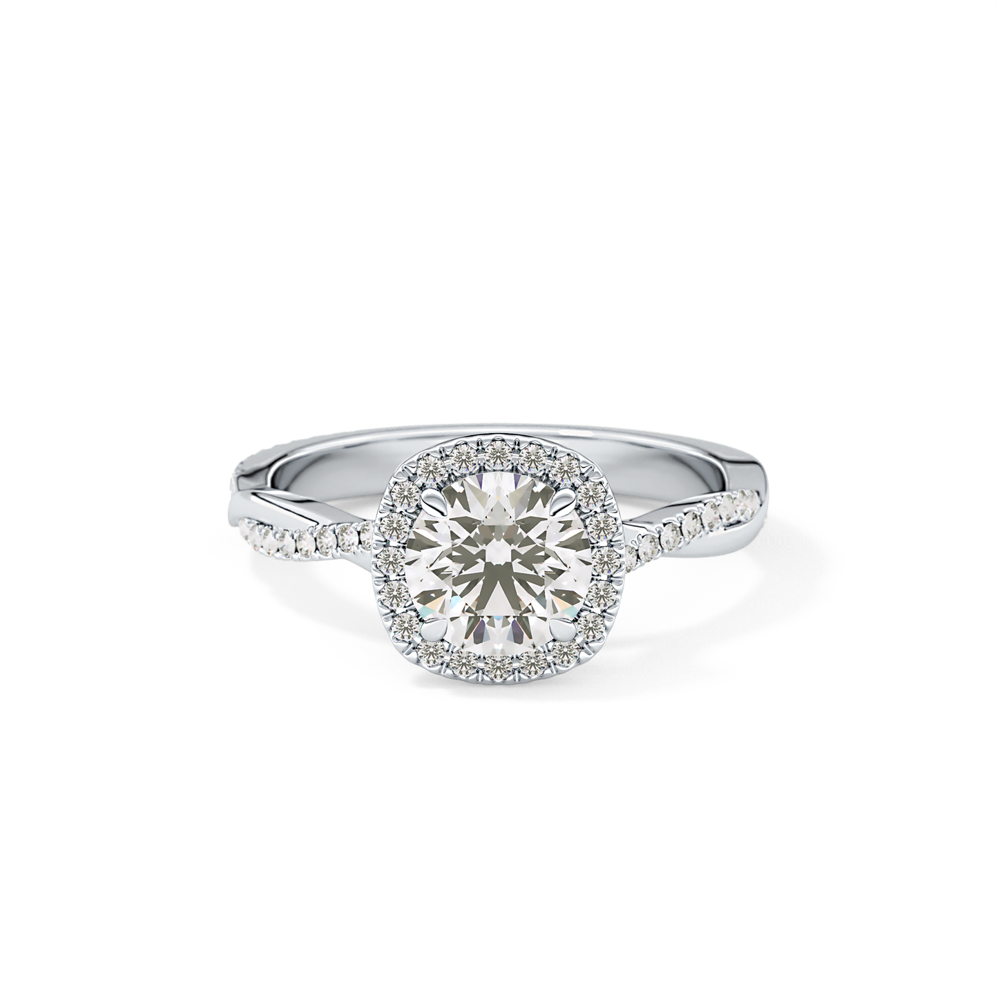 Round Cut 1.03 Carat Moissanite Ring – Twisted Shank, Halo and Pave Setting in Gold