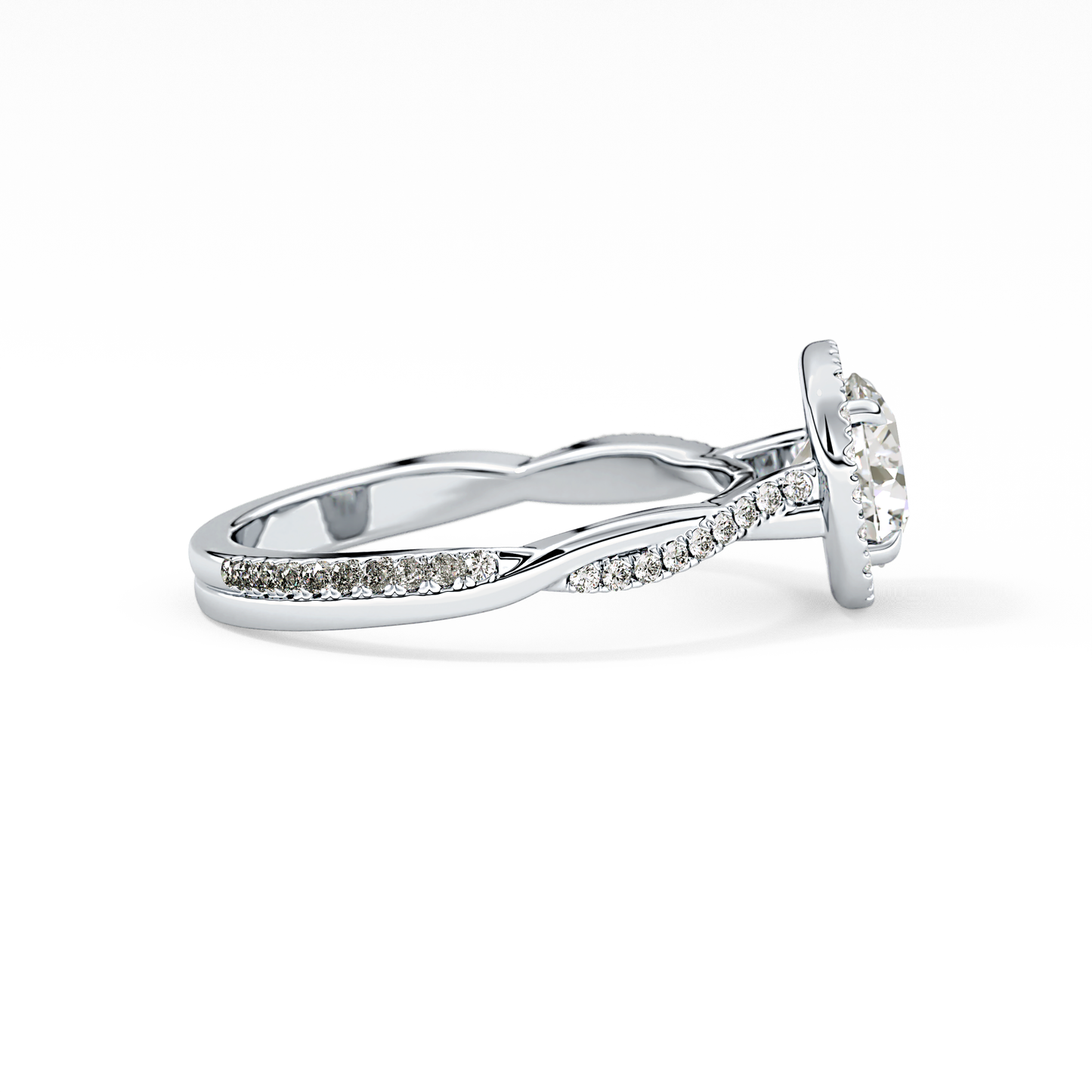 Round Cut 1.03 Carat Moissanite Ring – Twisted Shank, Halo and Pave Setting in Gold