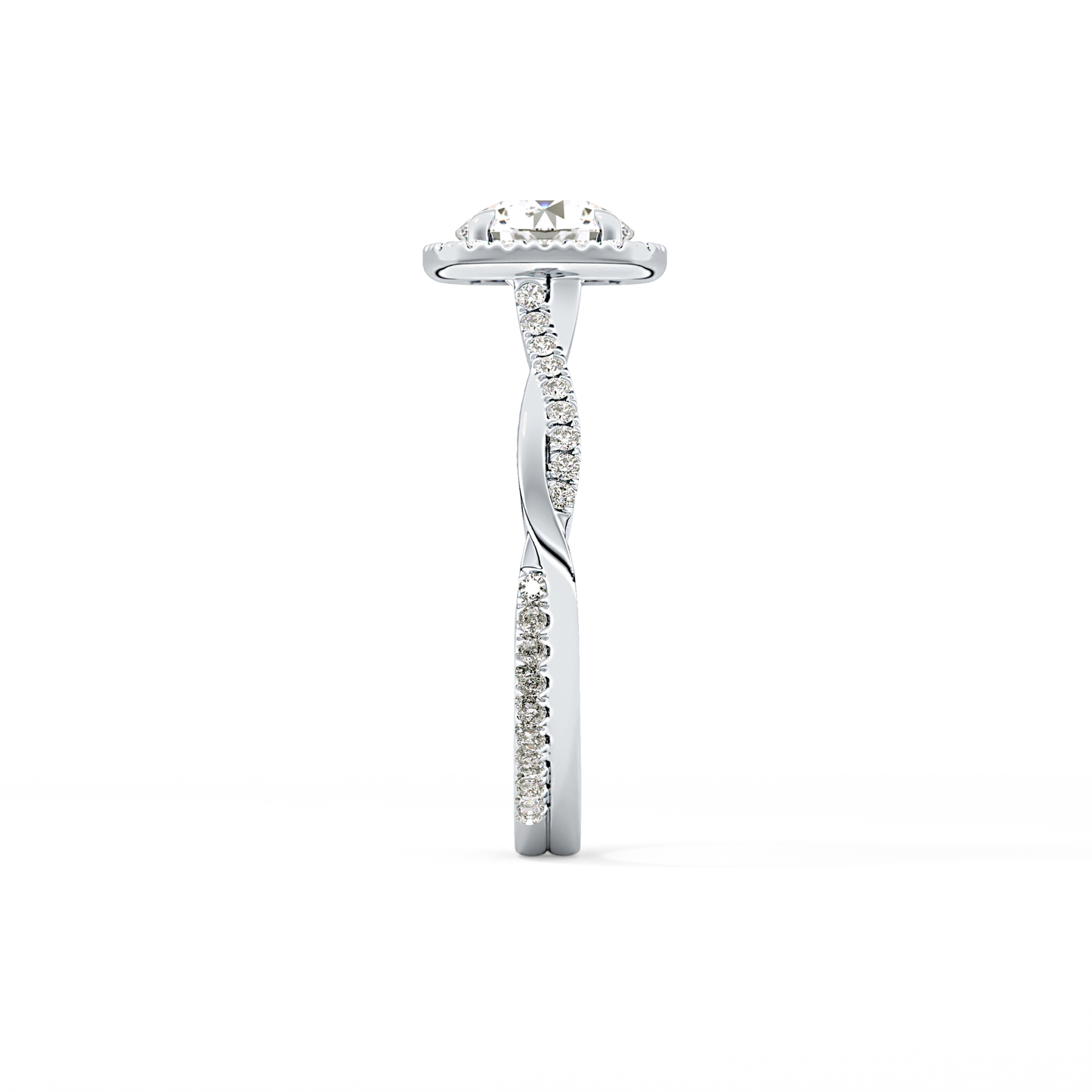 Round Cut 1.03 Carat Moissanite Ring – Twisted Shank, Halo and Pave Setting in Gold
