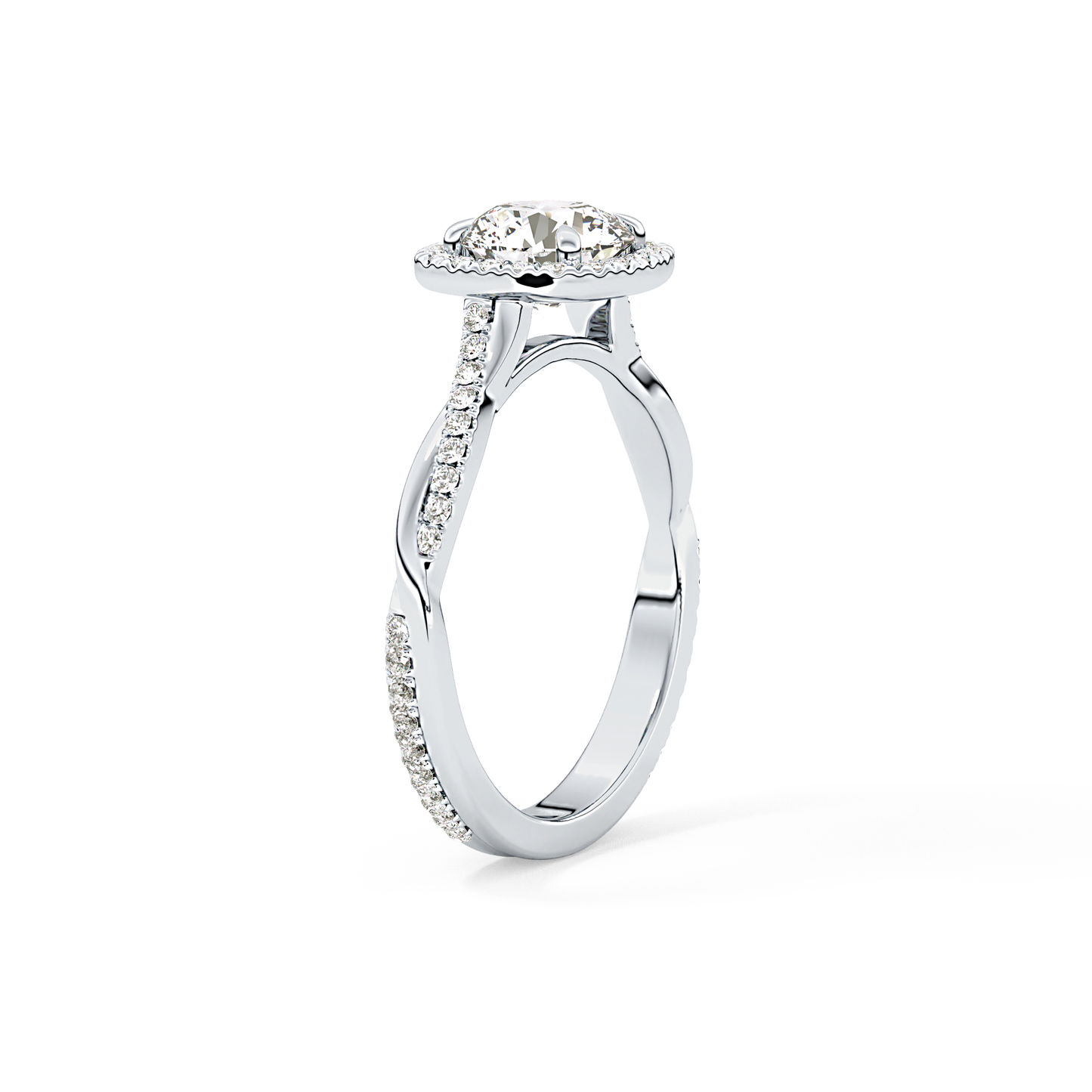 Round Cut 1.03 Carat Moissanite Ring – Twisted Shank, Halo and Pave Setting in Gold